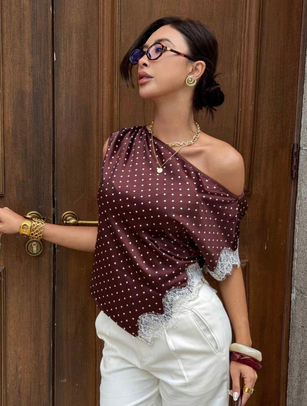 Elegant Satin Lace-Trim One-Shoulder Sleeveless Blouse for Women