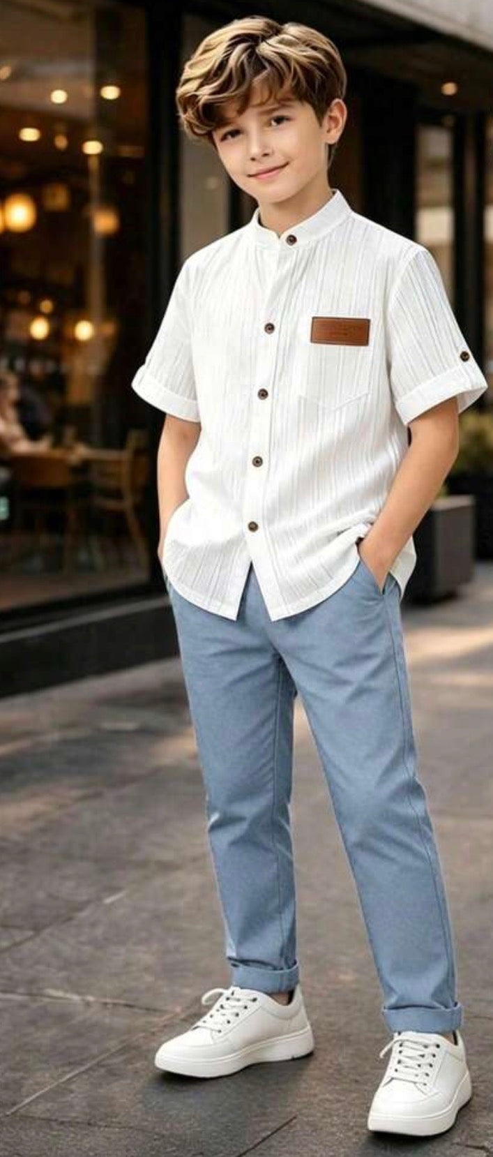 Older Boys Textured Striped Collared Short Sleeve Shirt & Pants Formal Set