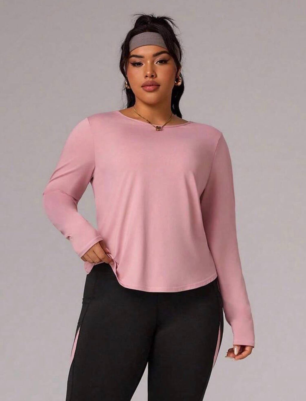 Women’s Plus Size Loose-Fit Long Sleeve Workout Top Set with Back Cutout Design
