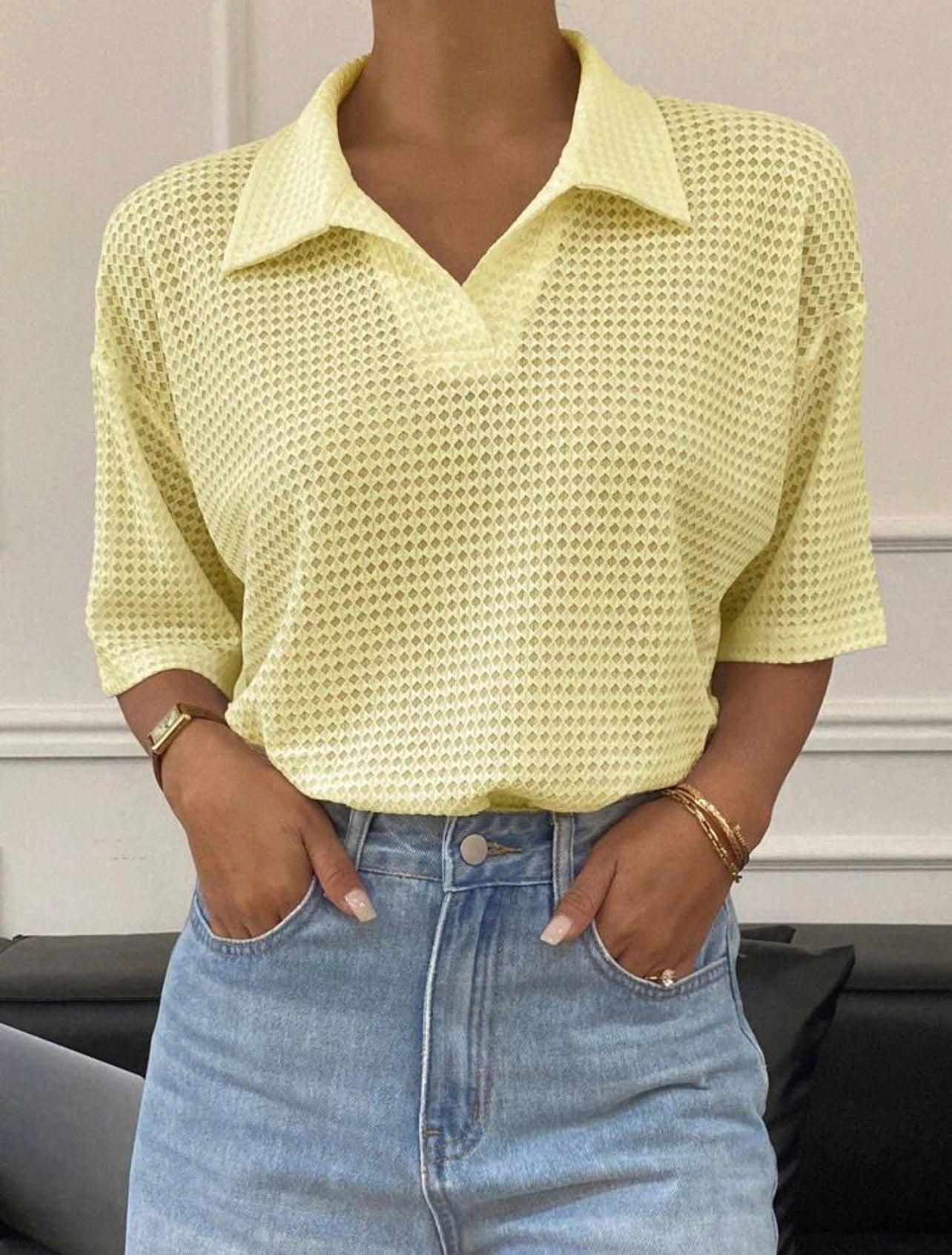 Women’s Textured Polo Neck Loose Fit T-Shirt – Casual Solid Color Top