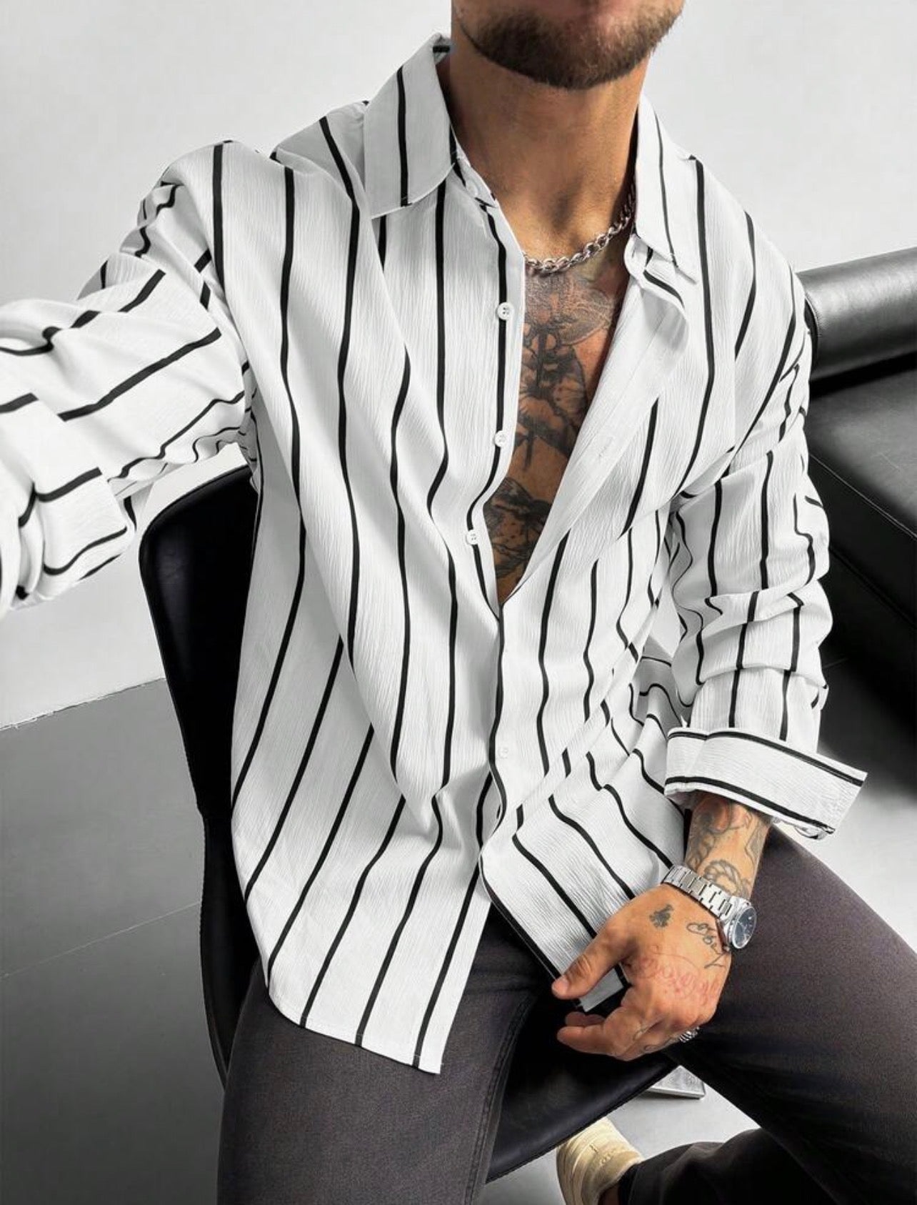 Men’s Classic Striped Linen-Feel Long Sleeve Button-Down Shirt – Casual Office Top
