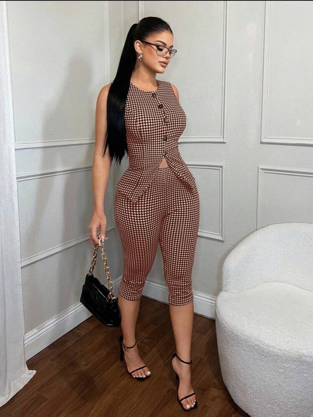 Women’s Plaid Single-Breasted Vest & 3/4 Pants Two-Piece Business Casual Set