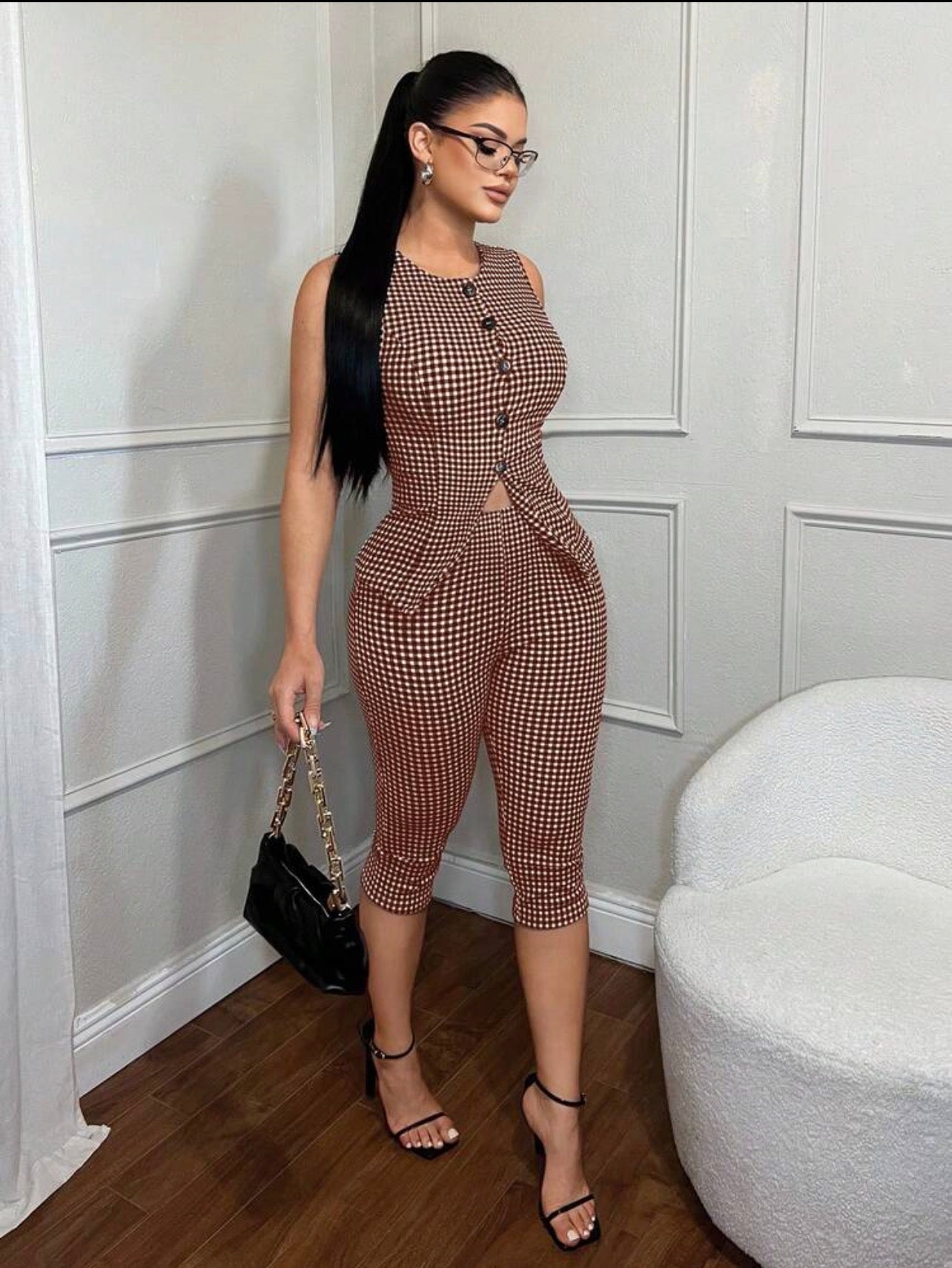 Women’s Plaid Single-Breasted Vest & 3/4 Pants Two-Piece Business Casual Set