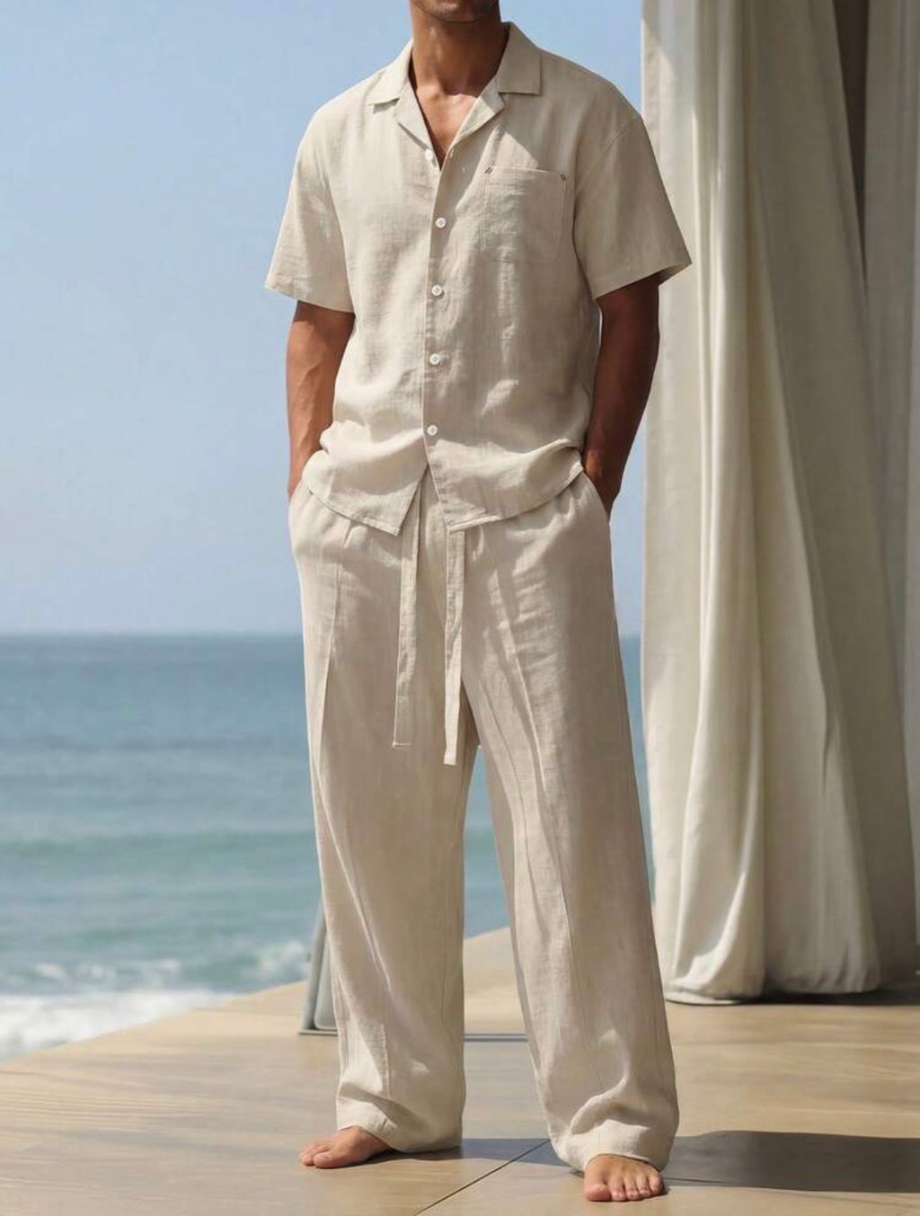 Men’s Linen-Like Vacation Two-Piece Set – Loose Fit Shirt & Long Pants Beach Outfit