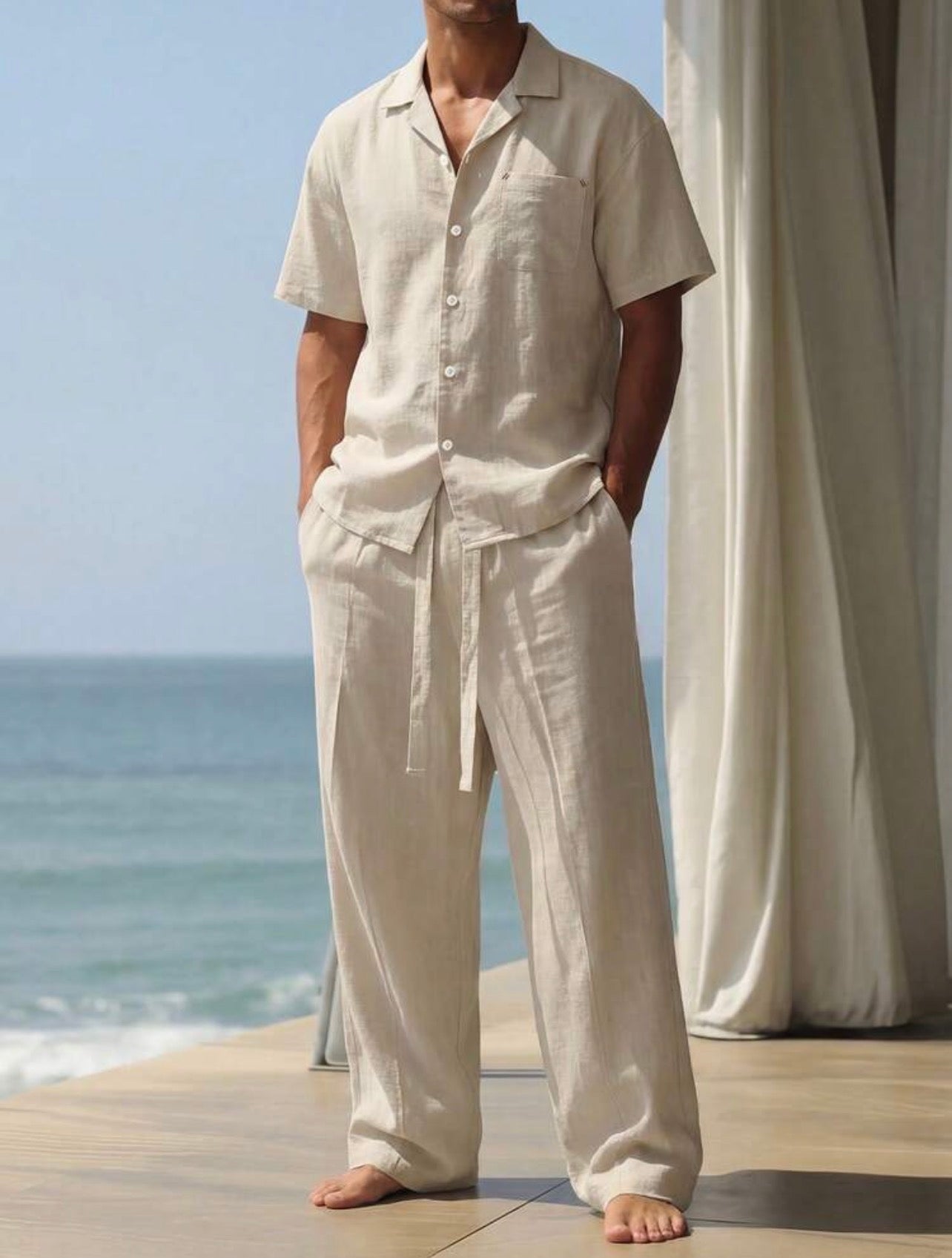 Men’s Linen-Like Vacation Two-Piece Set – Loose Fit Shirt & Long Pants Beach Outfit