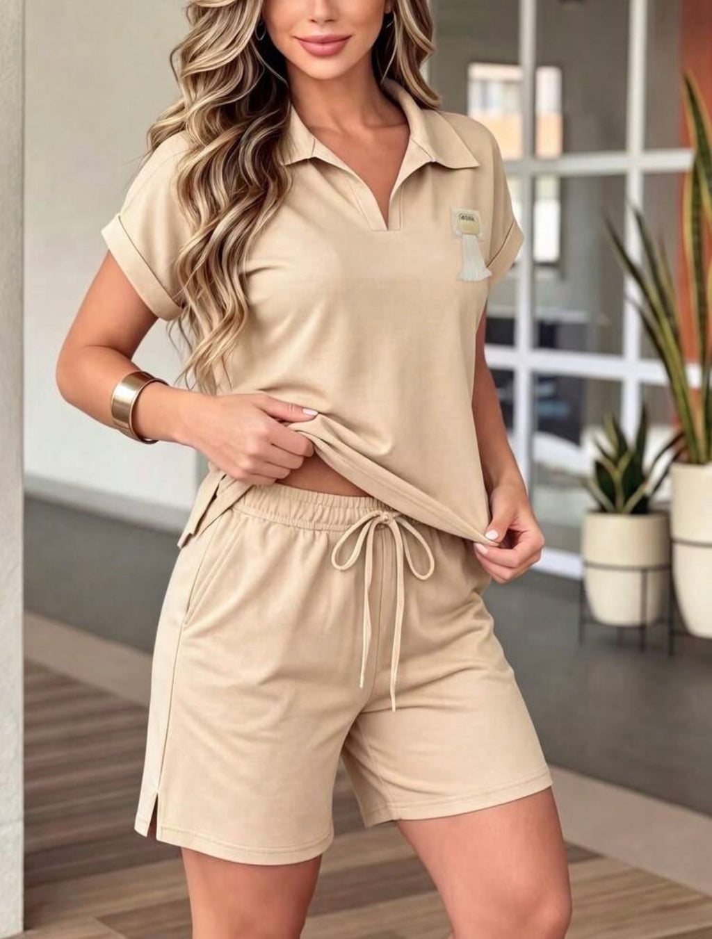 Women’s Solid Color Short Sleeve Top & Drawstring Straight Shorts Two-Piece Casual Set