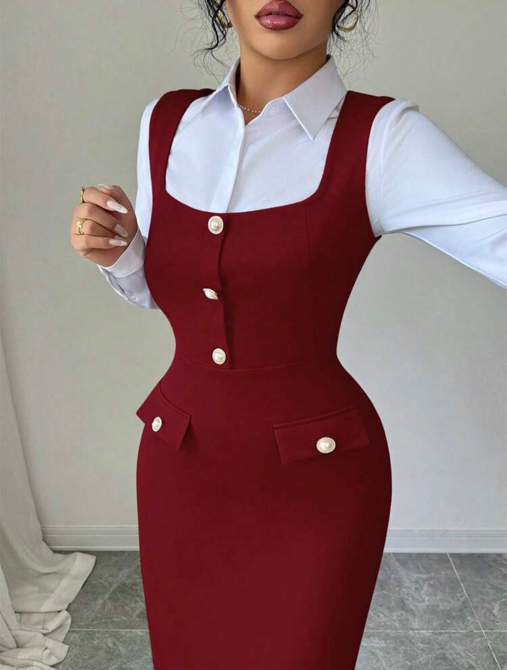 Women’s Elegant Textured Knit Square Neck Sleeveless Pearl Button Dress