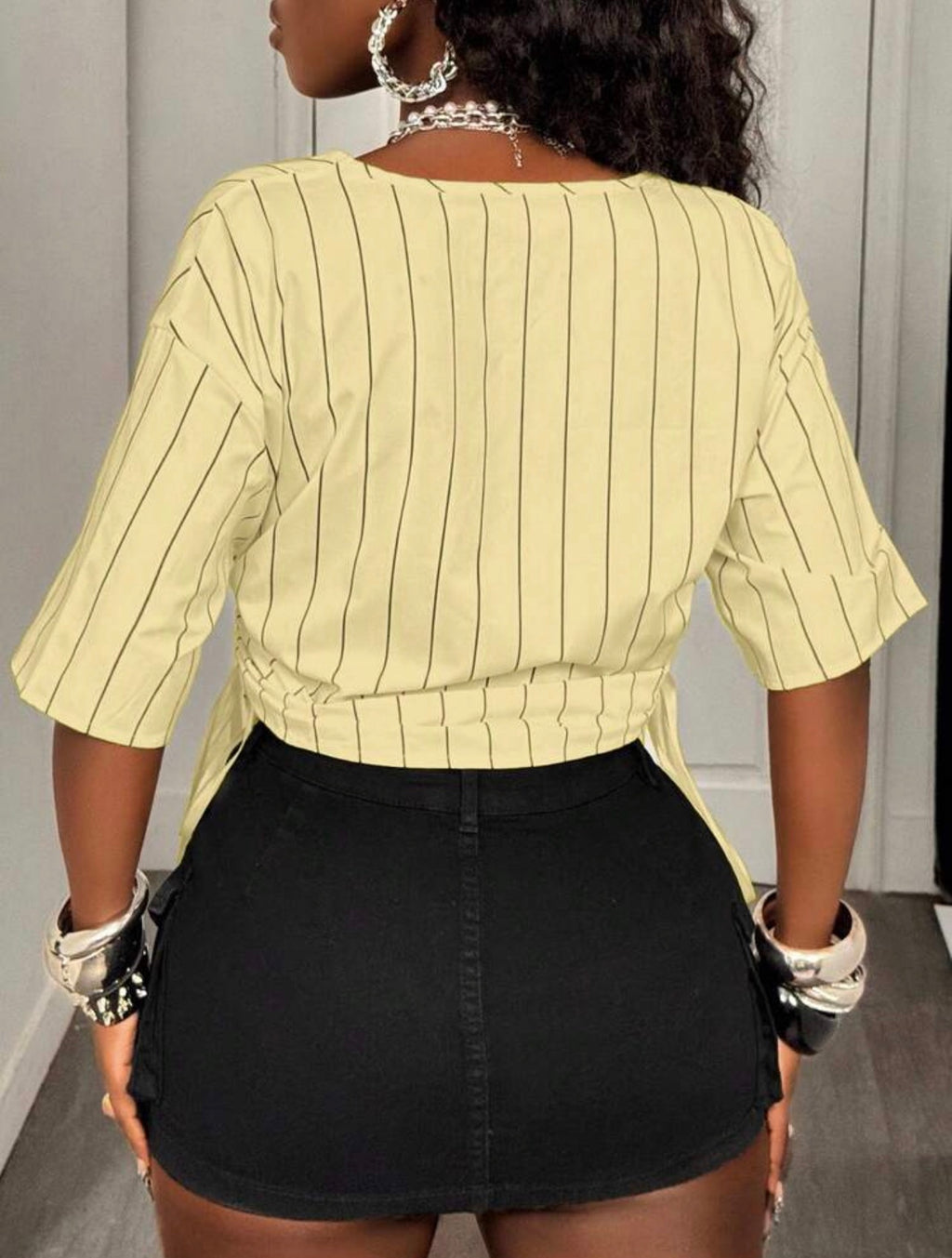 Women’s Striped Cinched Waist Short Sleeve Blouse – Casual Summer Vacation Top