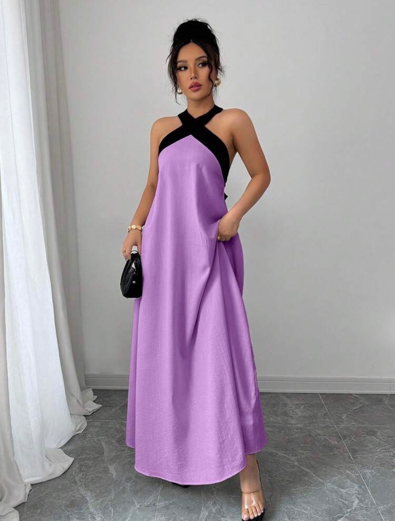 Elegant Color Block Halter Backless Bowknot Strap Sleeveless Maxi Dress – Casual Resort We