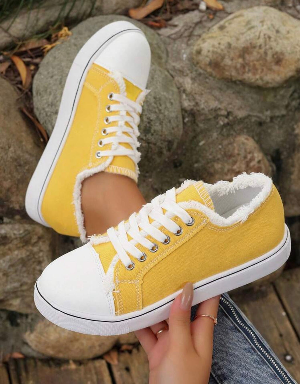 Women’s Round Toe Lace-Up Canvas Sneakers with Frayed Detail for Everyday Casual Wear