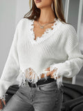 Women’s Distressed Trim Drop Shoulder Cropped Sweater – Casual Street Style Knit Top