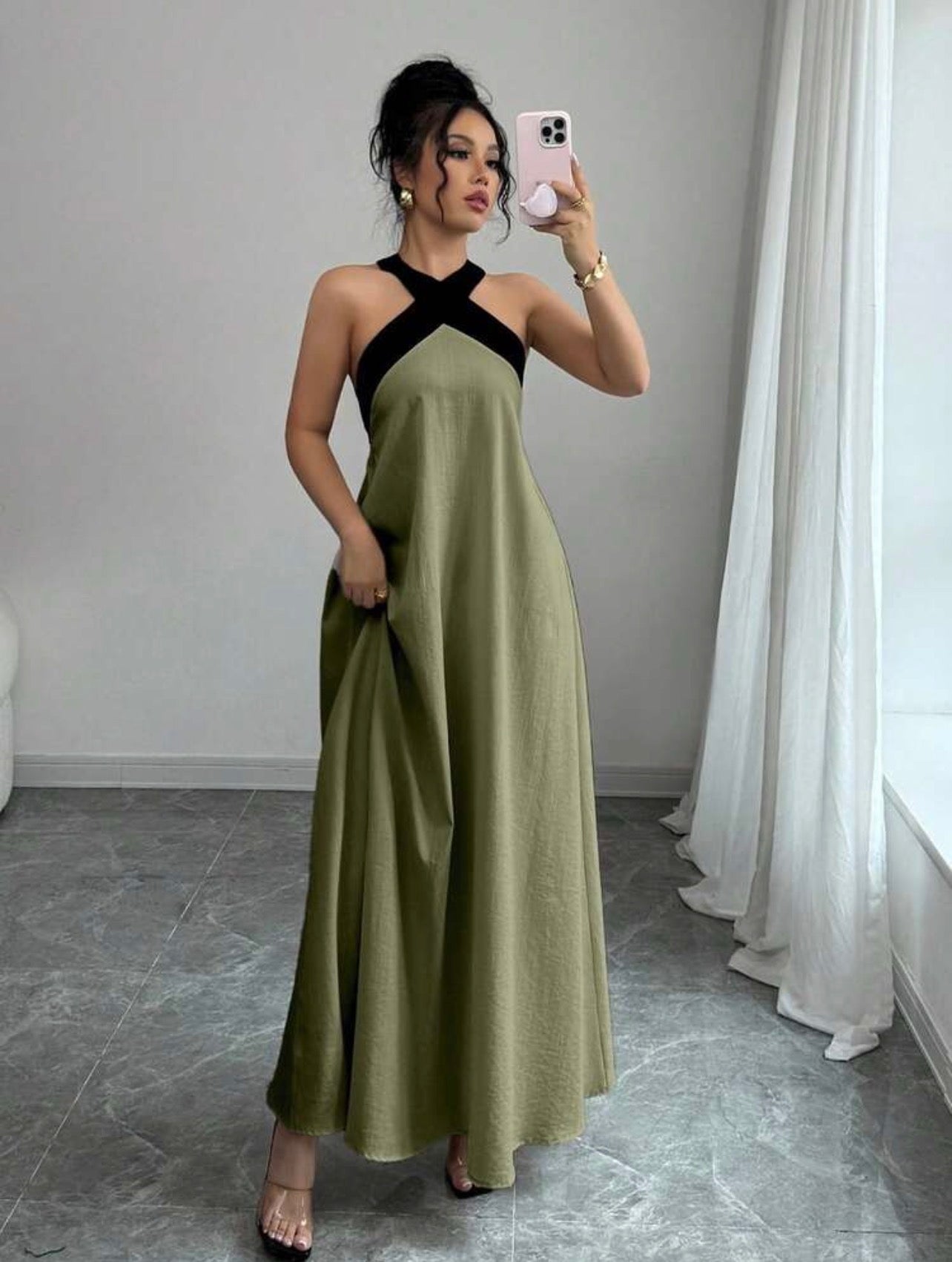 Elegant Color Block Halter Backless Bowknot Strap Sleeveless Maxi Dress – Casual Resort We
