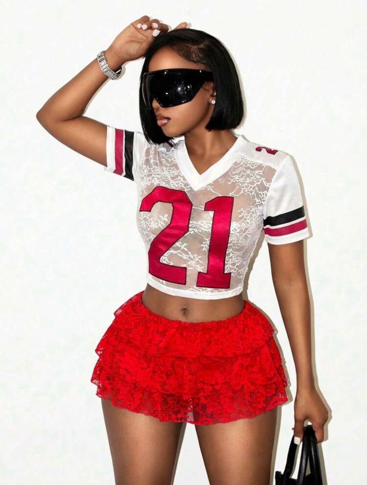 Women’s Race Car Graphic Sheer Lace V-Neck T-Shirt – Vintage Striped Loose Fit Top
