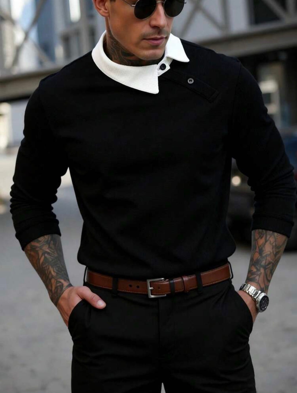 Men’s Contrast Color Long Sleeve Buttoned Knitted Polo Shirt – Casual Business Top