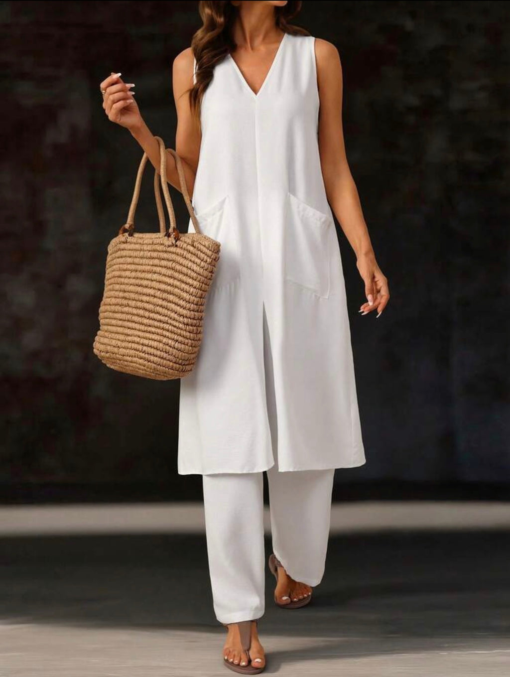 Women’s V-Neck Halter Backless Camisole Top & Loose Straight Leg Pants Two-Piece Set