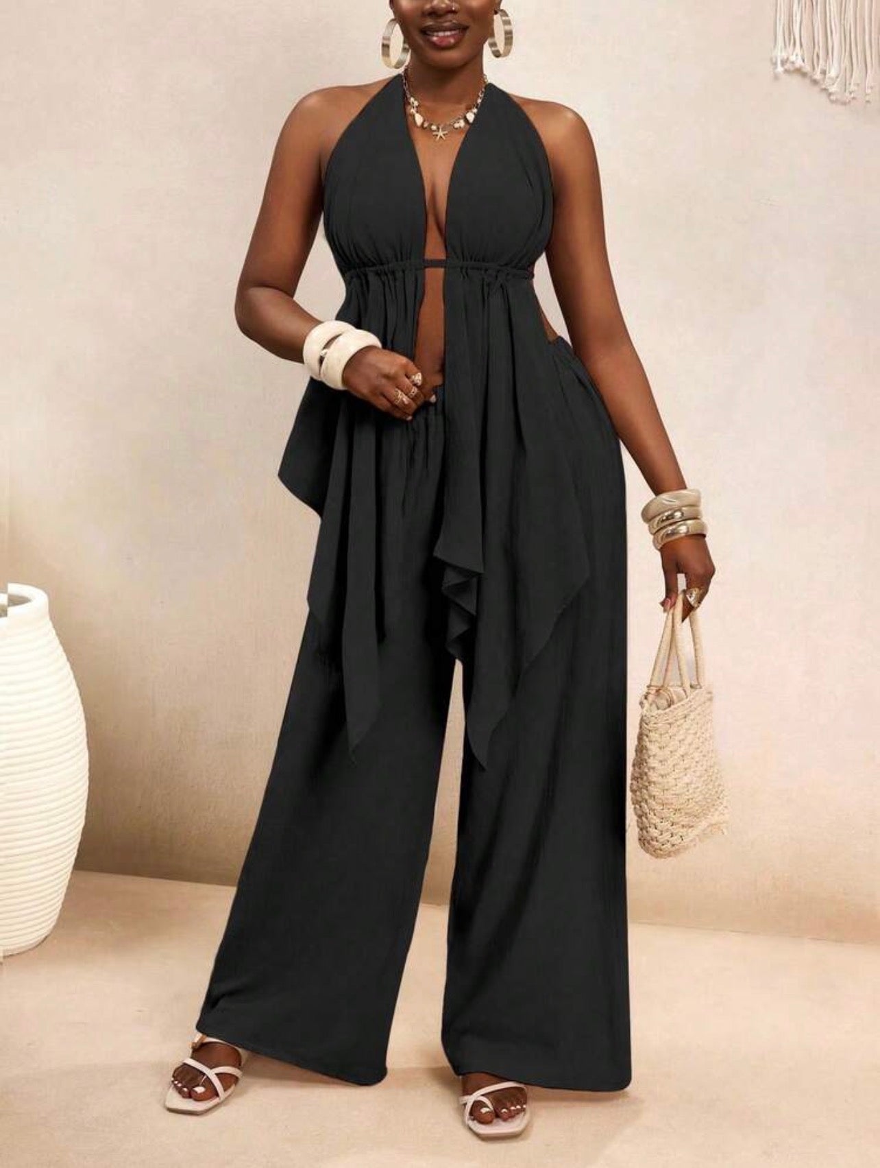 Women’s Bohemian Halter Backless Flowy Top & Wide Leg Pants Casual Vacation Set