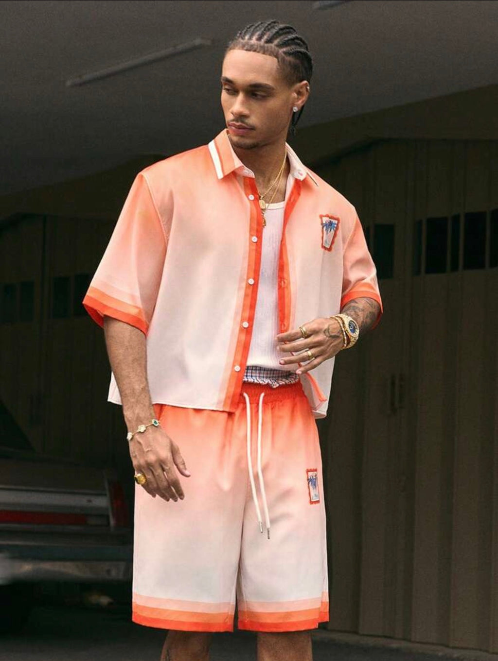 Men’s Printed Polo Shirt & Shorts Two-Piece Set – Loose Fit Streetwear Outfit