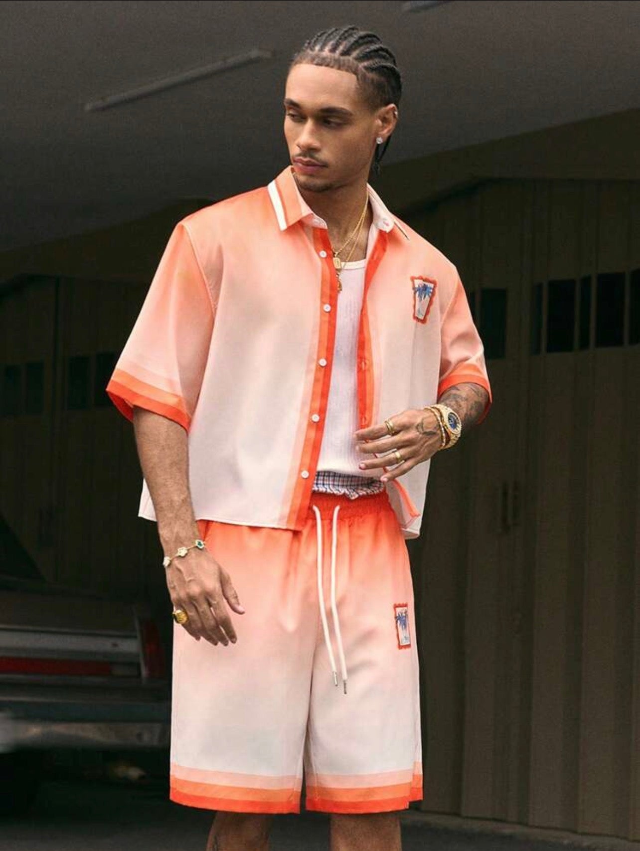Men’s Printed Polo Shirt & Shorts Two-Piece Set – Loose Fit Streetwear Outfit