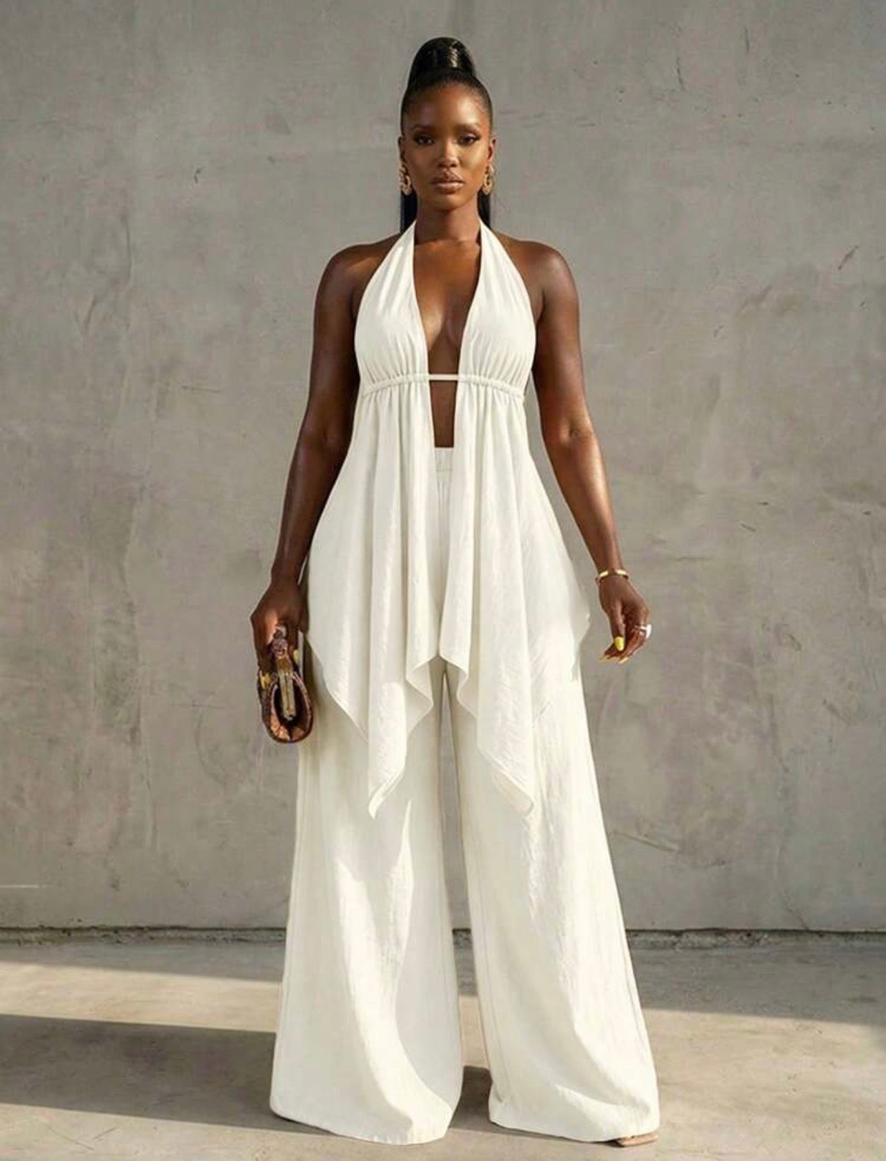 Women’s Bohemian Halter Backless Flowy Top & Wide Leg Pants Casual Vacation Set