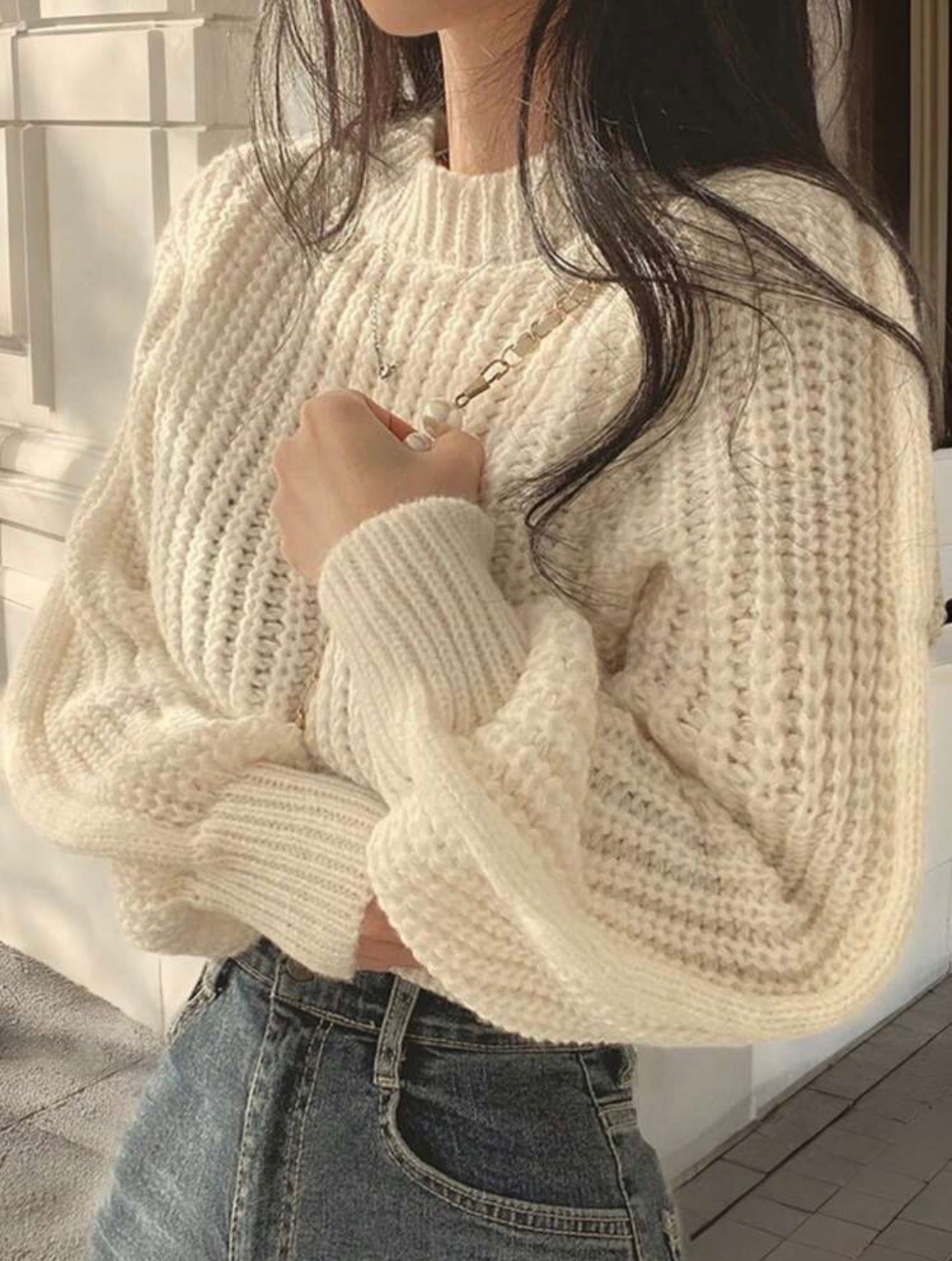 Women’s Crew Neck Long Sleeve Cropped Sweater – Casual Solid Knit Top