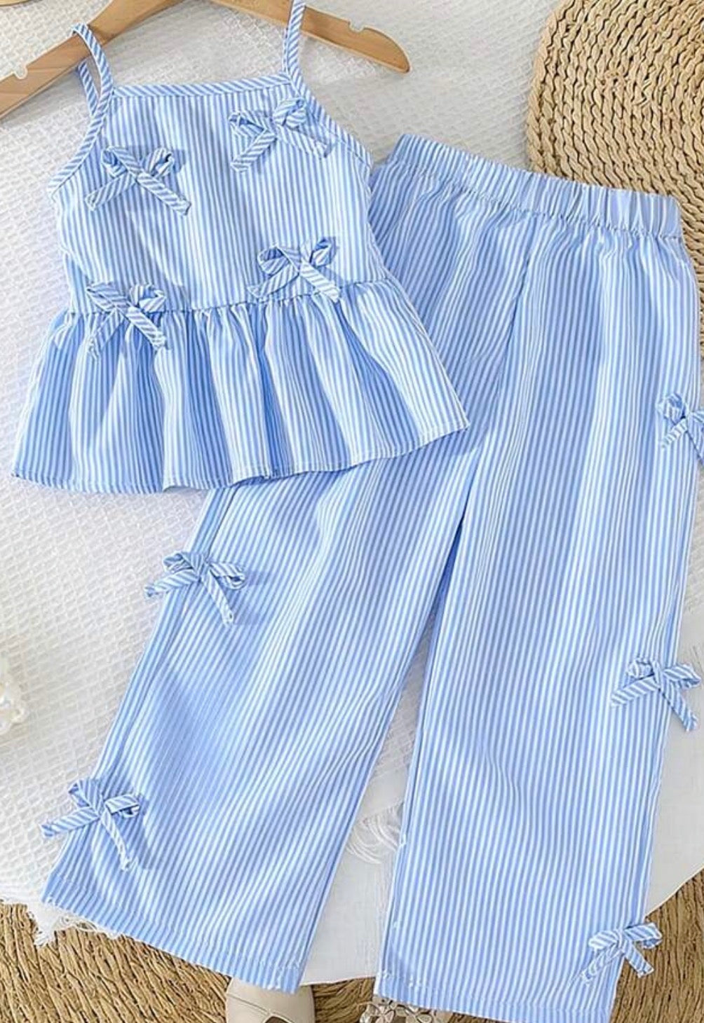 Girls Striped Ruffle Trim Cami Top & Bow Waist Pants Outfit Set