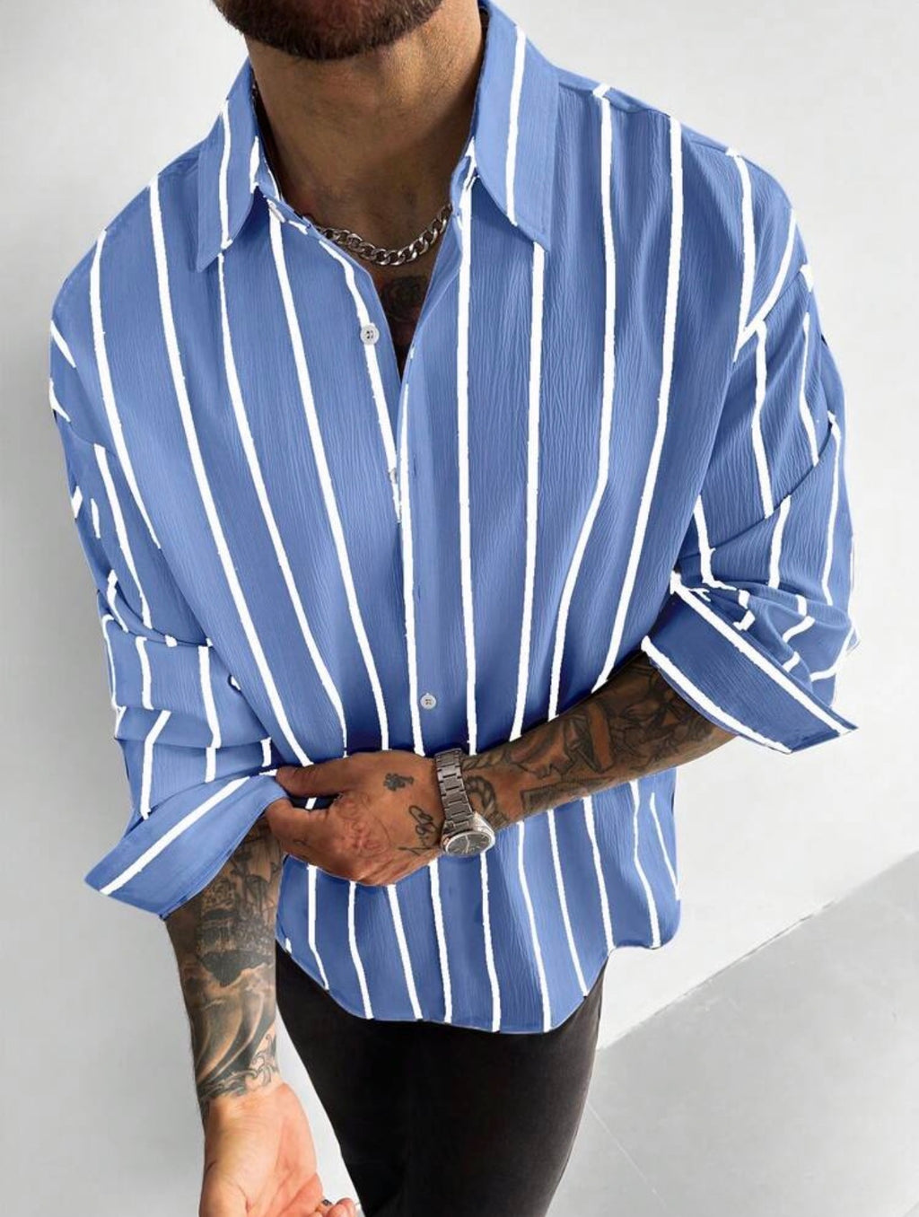 Men’s Classic Striped Linen-Feel Long Sleeve Button-Down Shirt – Casual Office Top