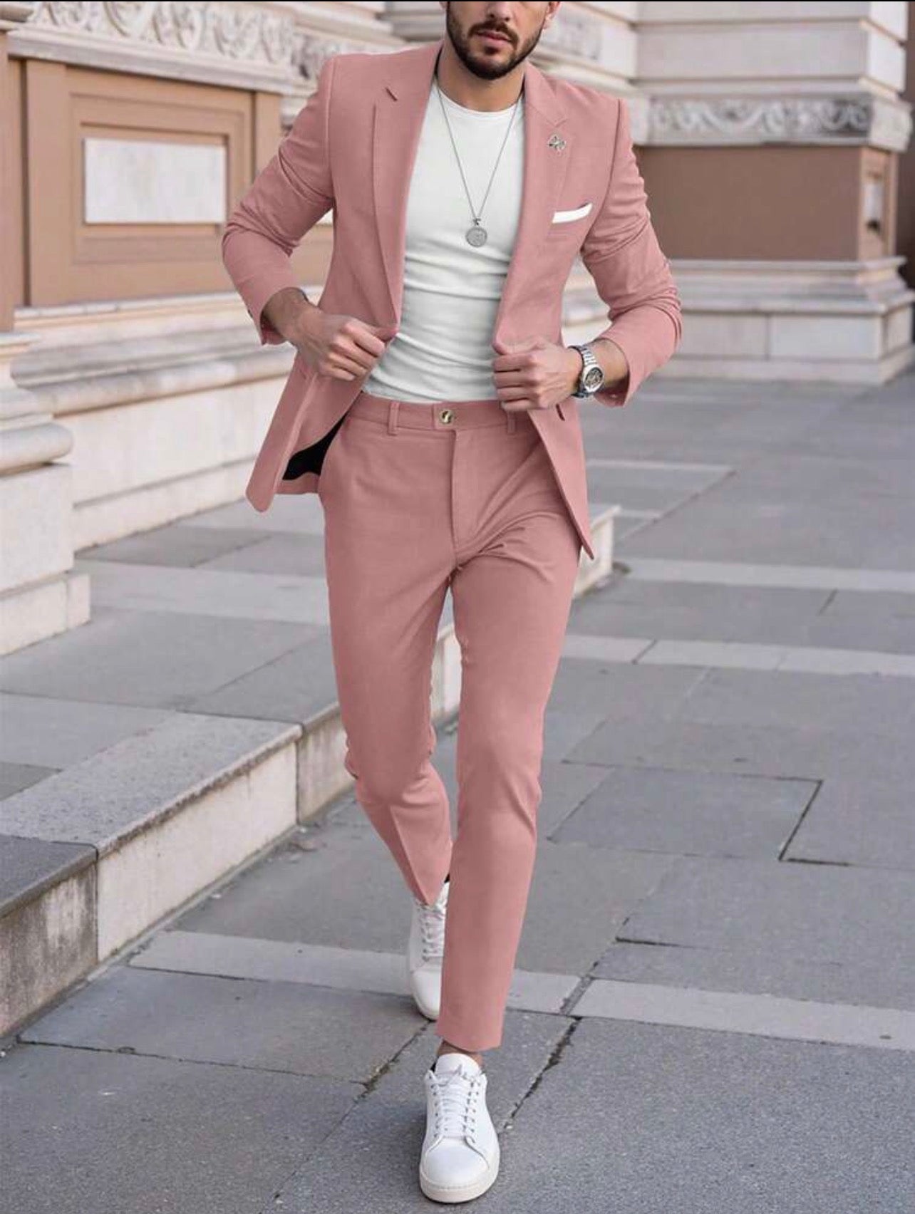 Men’s Solid Color Two-Piece Suit Set – Casual Business Blazer & Pants