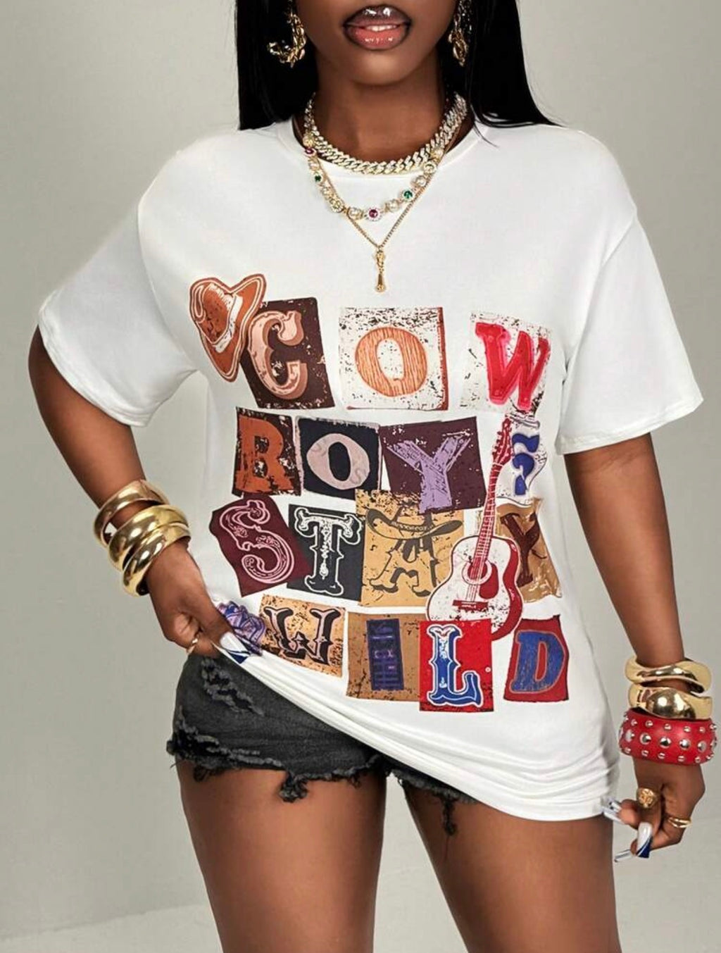 Women’s Knitted Letter Print Round Neck Graphic T-Shirt – Casual Streetwear Top