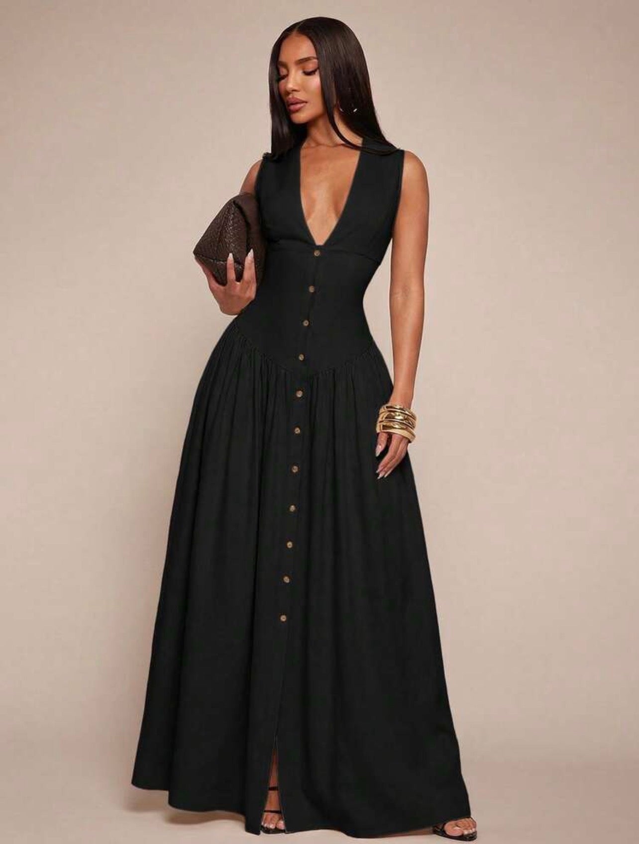 Elegant Minimalist V-Neck Sleeveless Waist-Cinched Button Front Flowy Dress for Women