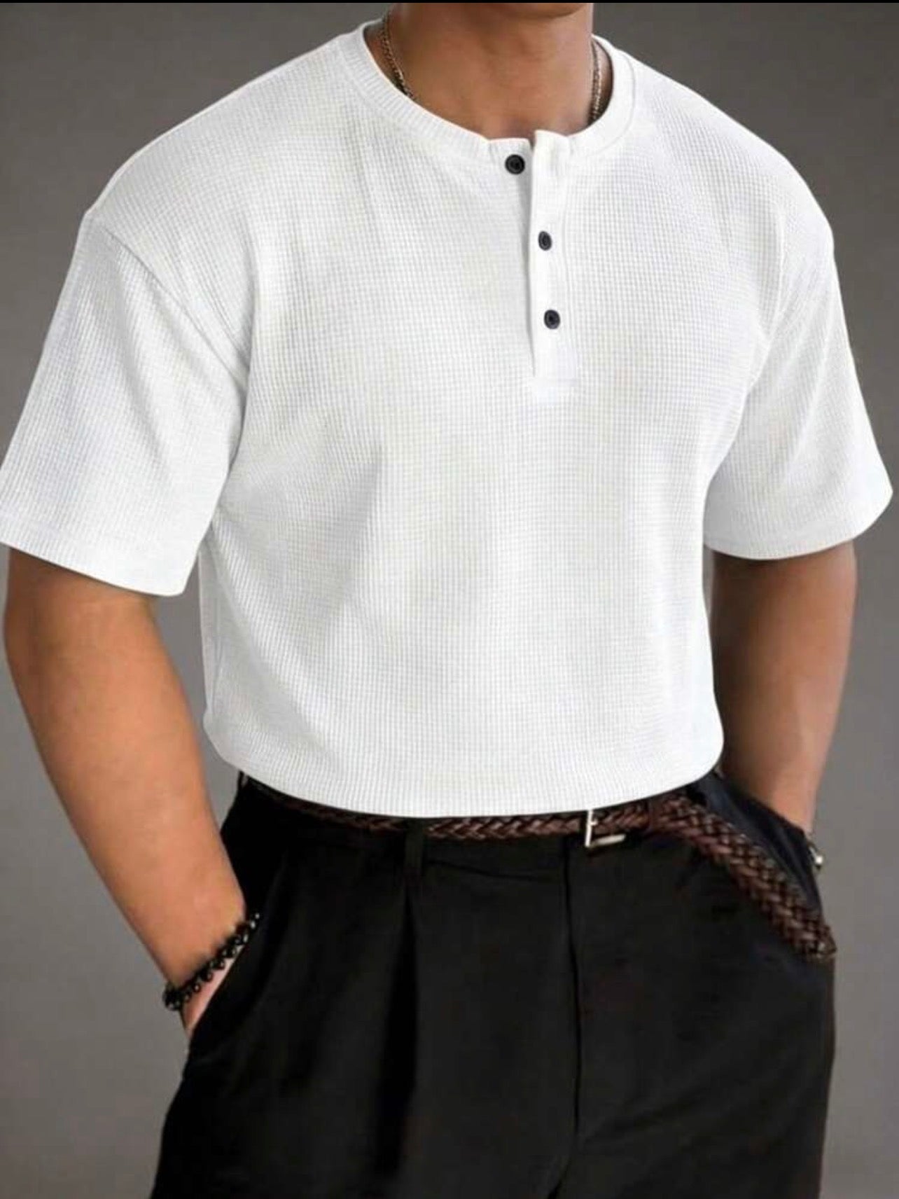 Men’s Waffle Knit Henley Collar Button Casual Polo Shirt – Relaxed Fit Short Sleeve Top