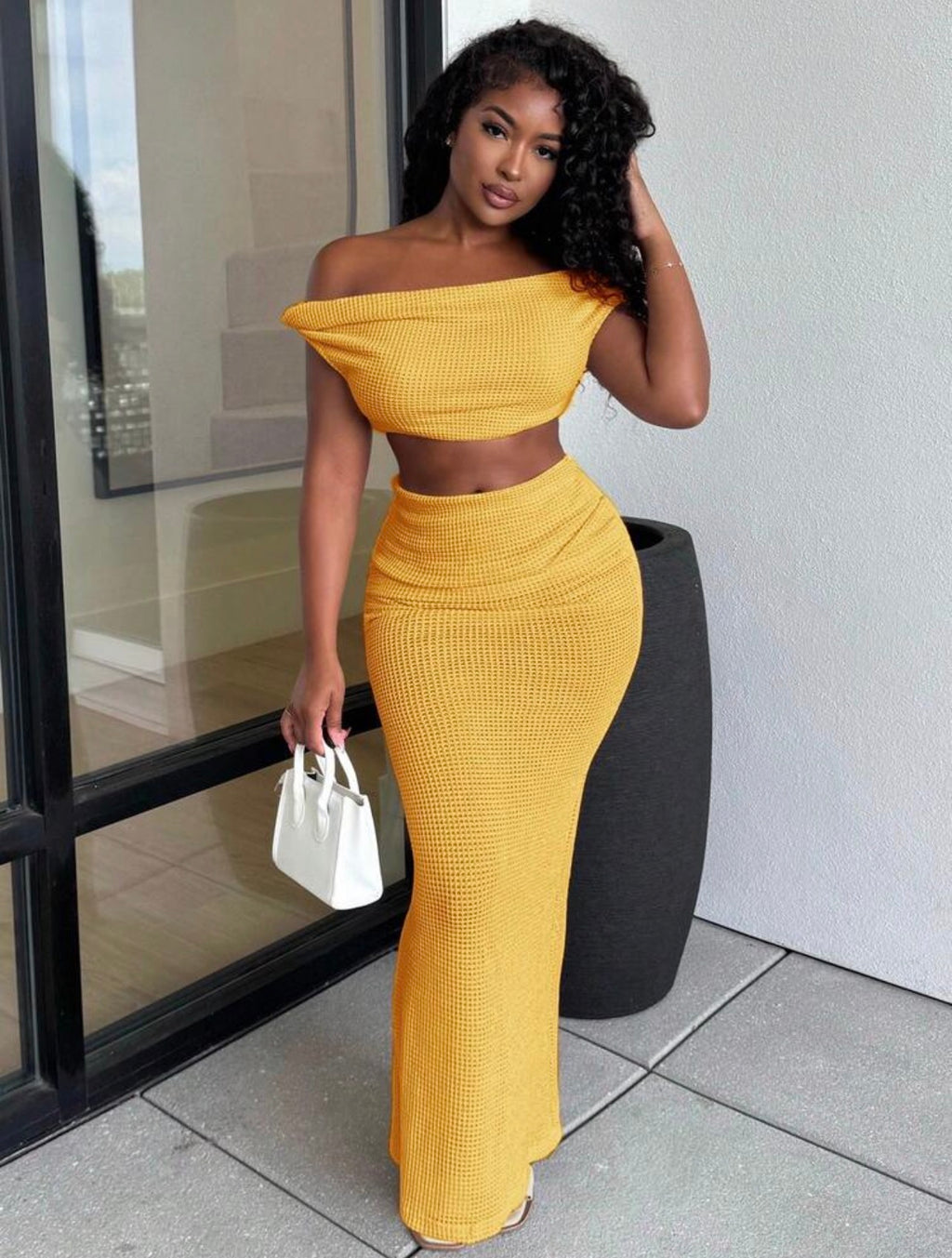 Women’s 2-Piece Crochet Knit Vacation Set – Asymmetrical Cutout Top & Fishtail Skirt