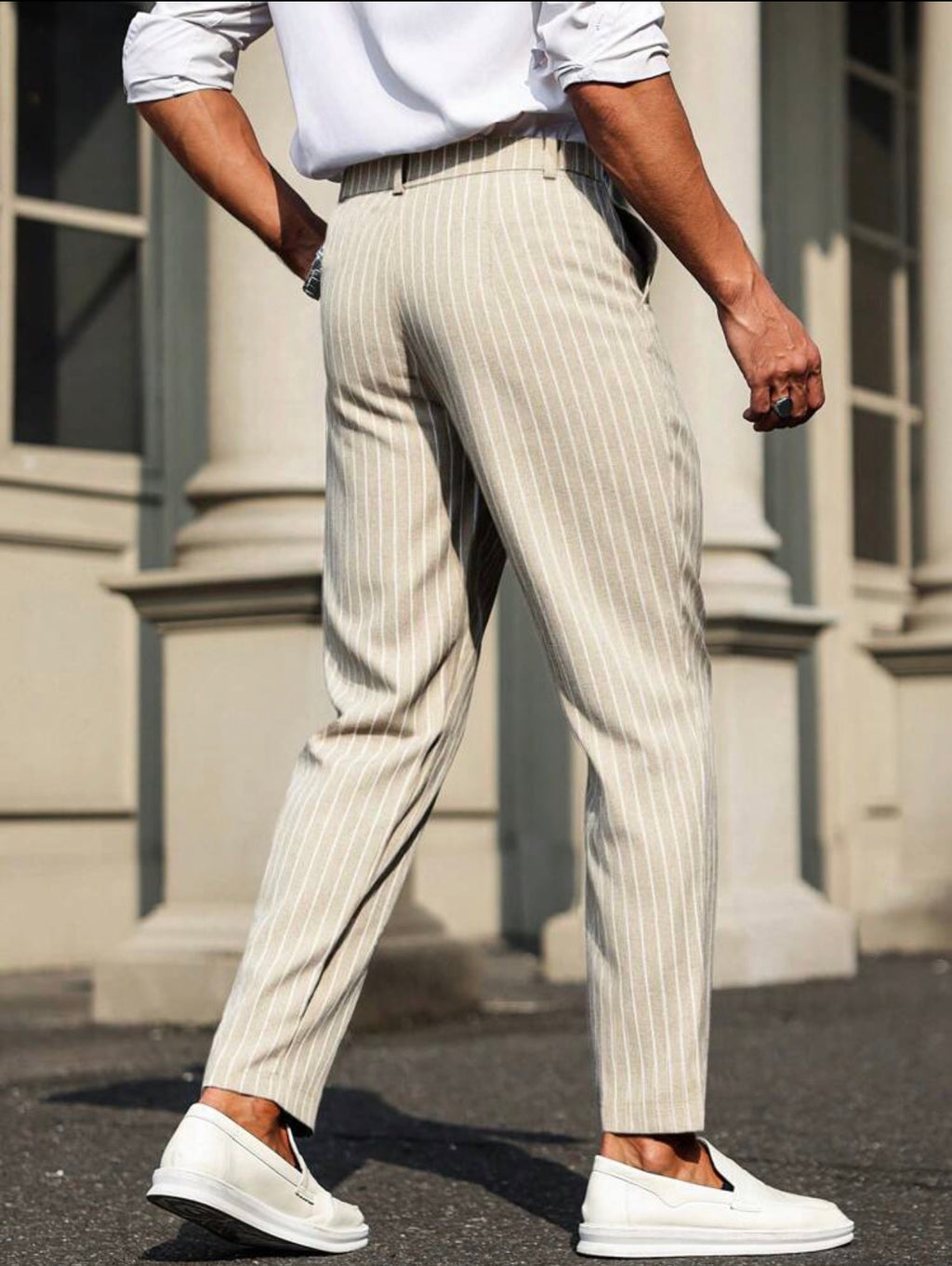 Men’s Striped Tapered Loose Fit Suit Pants with Pockets – Casual Formal Trousers
