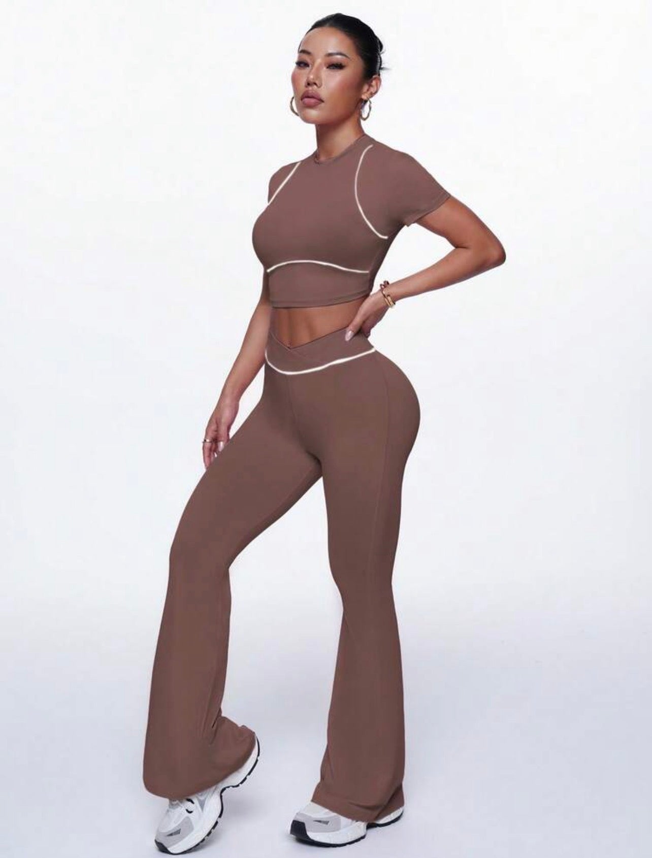 Women’s Color Block Short Sleeve Top & Flare Leggings Sports Set