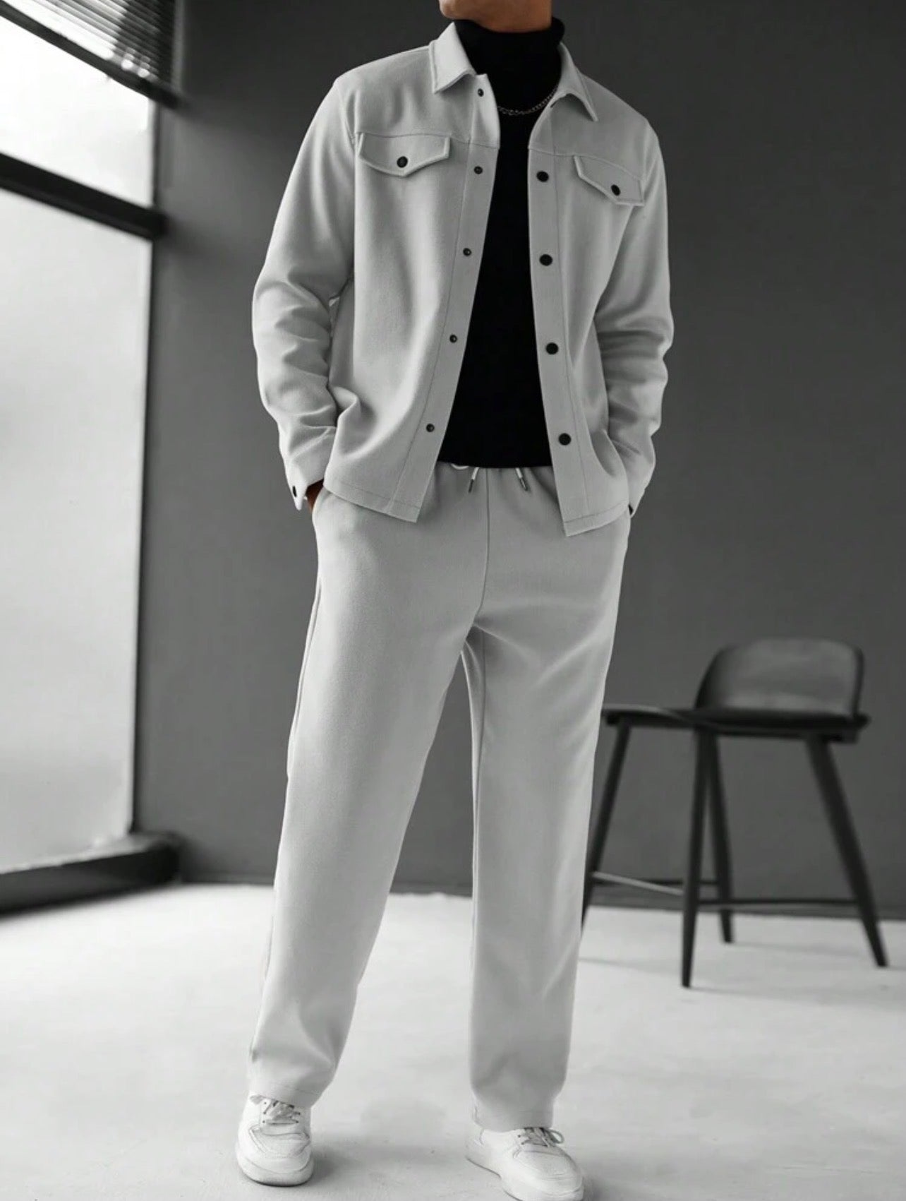 Men’s Solid Color Single-Breasted Jacket & Pants Two-Piece Set – Casual Fall Outfit