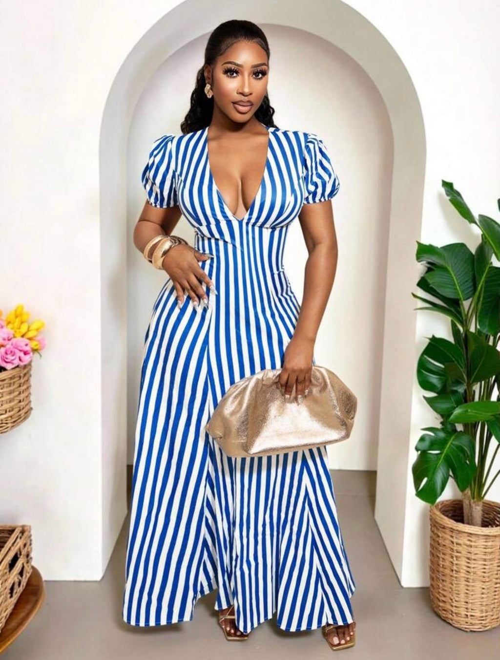 Women’s V-Neck Striped A-Line Maxi Dress – Elegant Casual Occasion Wear