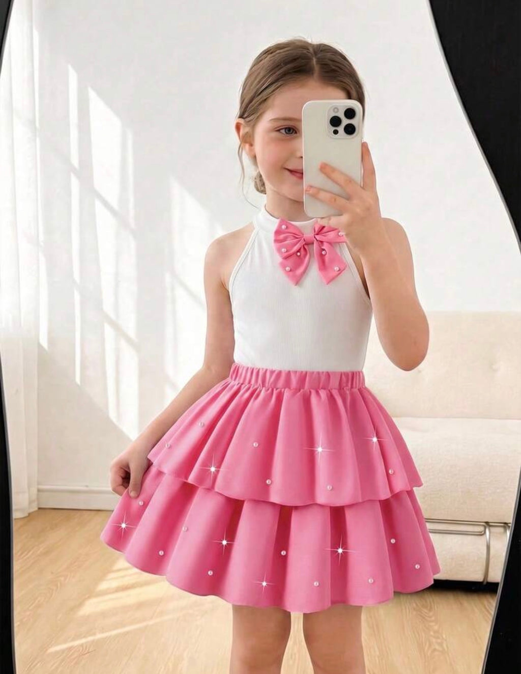 Girls Pearl Bow Halter Ribbed Top & Layered Skirt Elegant 2-Piece Summer Set