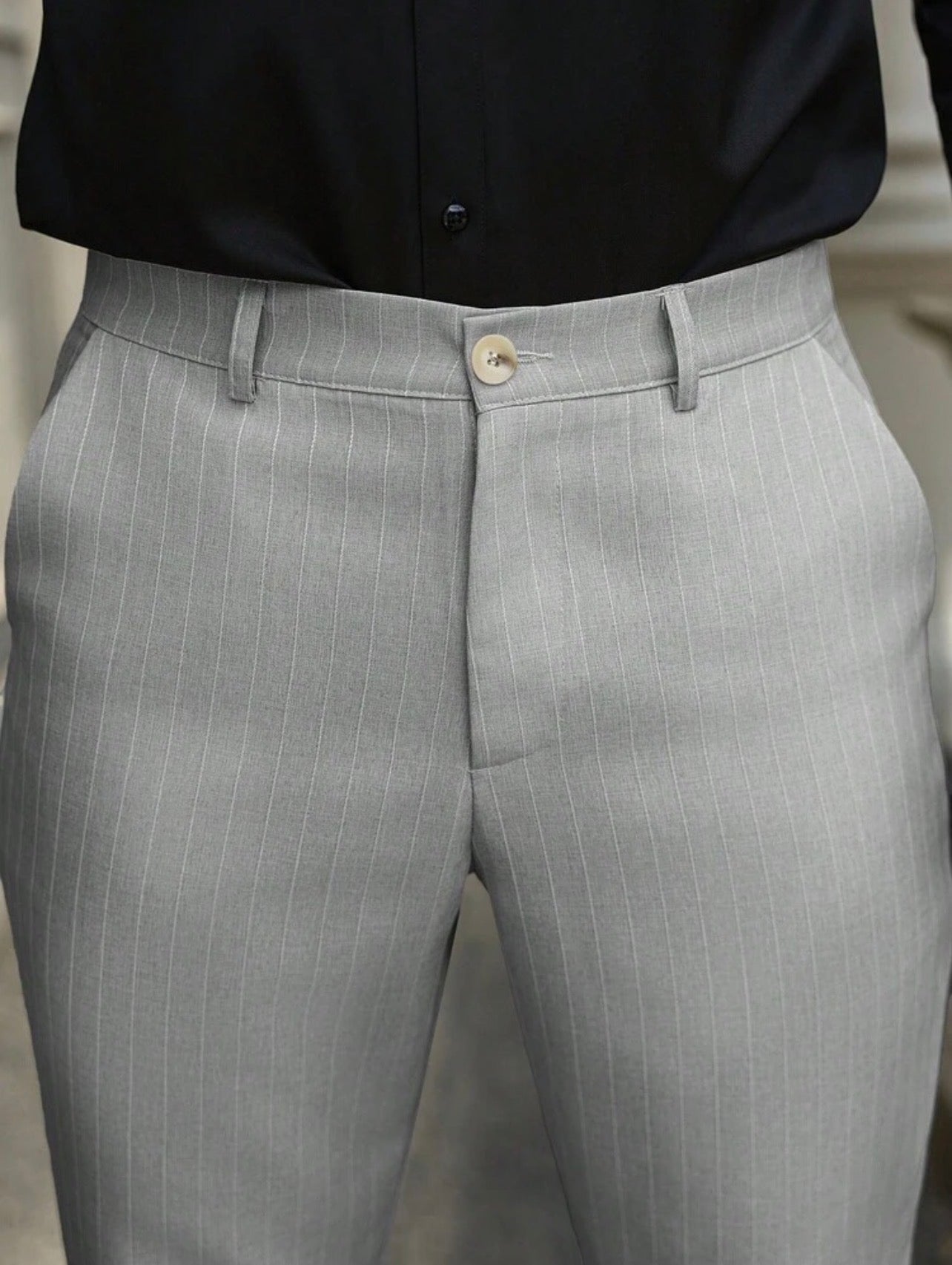 Men’s Striped Tapered Loose Fit Suit Pants with Pockets – Casual Formal Trousers