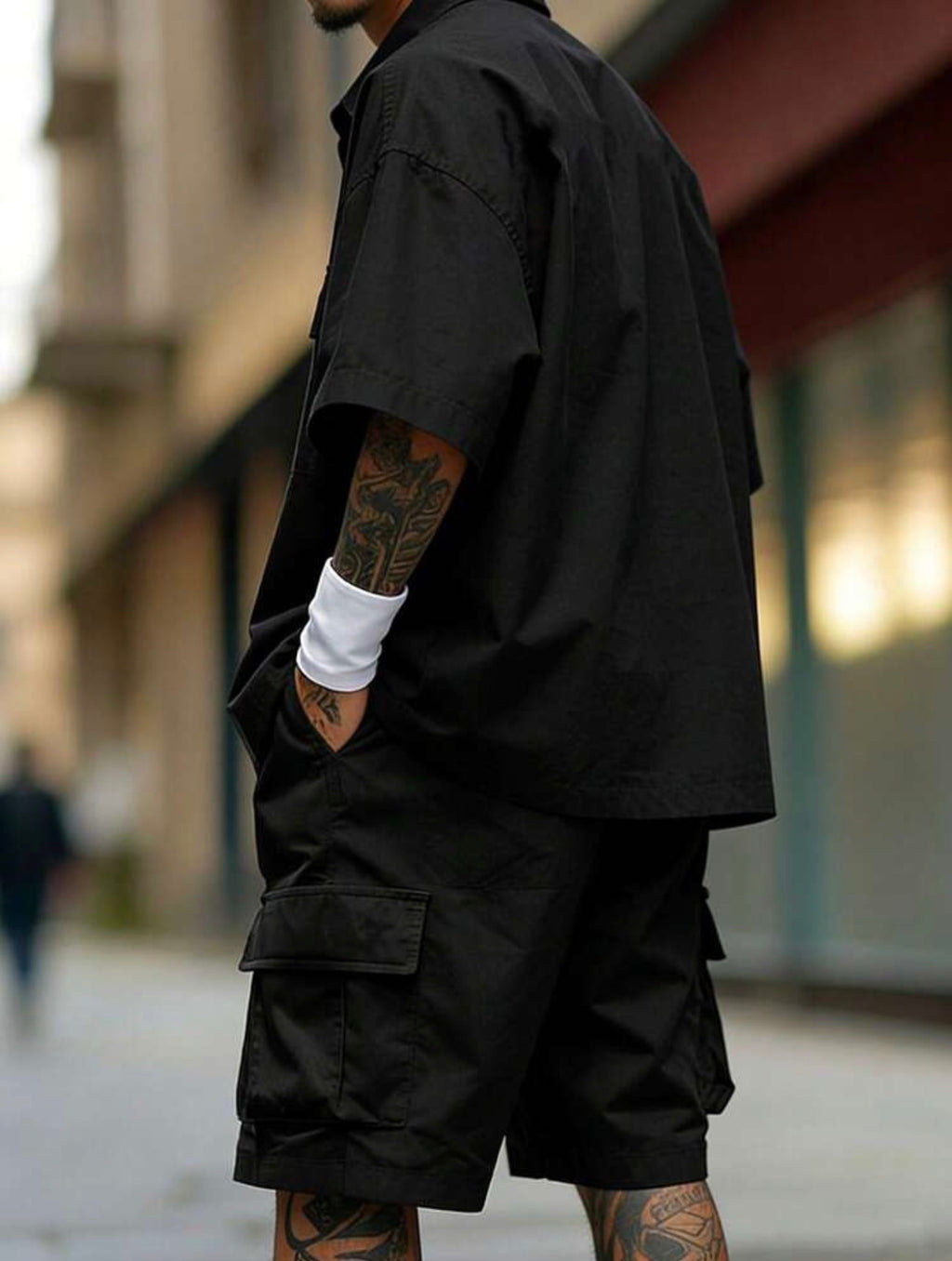Men’s Short Sleeve Shirt & Shorts Two-Piece Set – Streetwear Outfit with Patch Detail