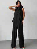 Women’s Satin Sleeveless Pleated Collar Blouse & Straight Leg Pants Elegant Two-Piece Set
