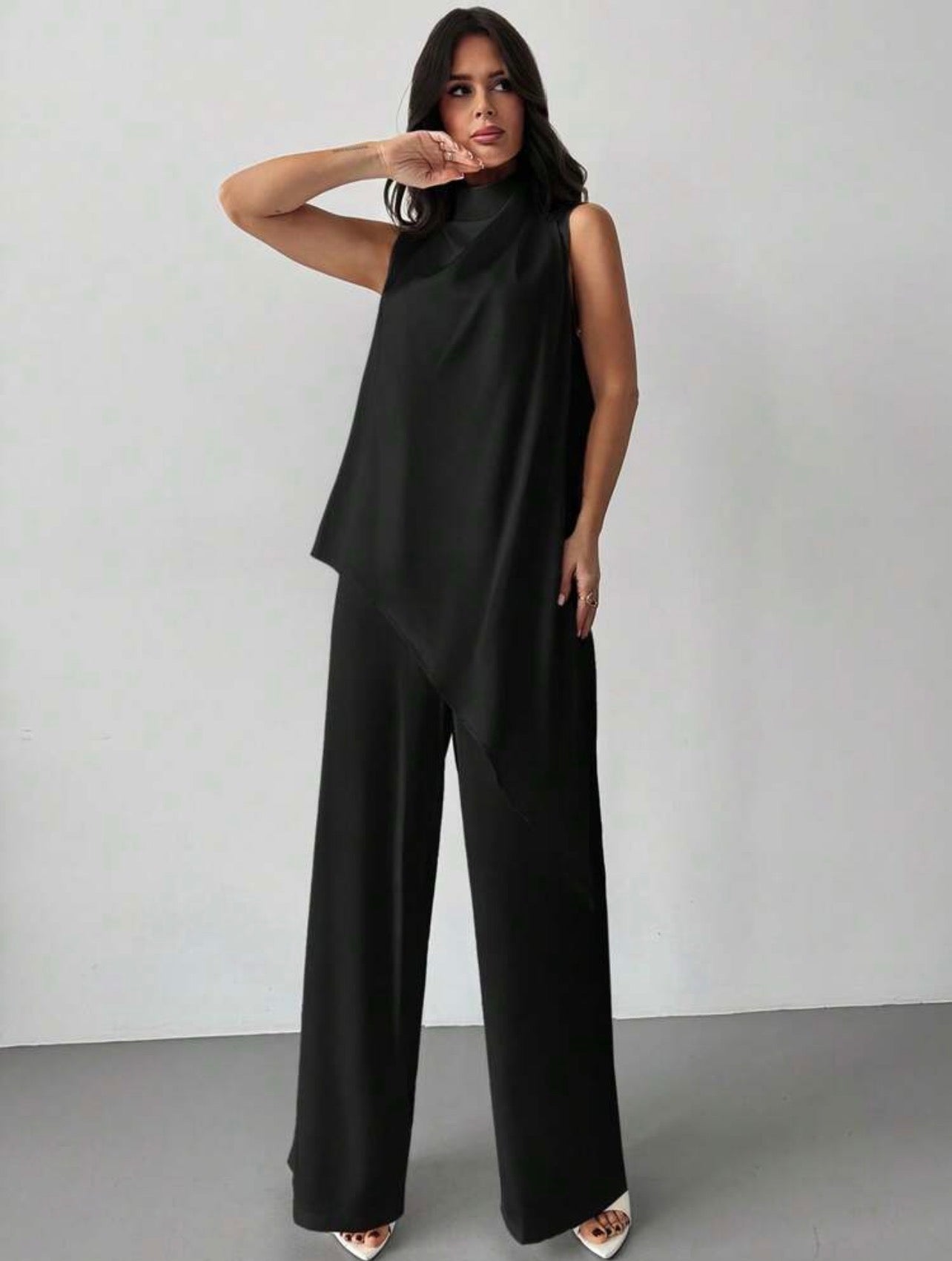 Women’s Satin Sleeveless Pleated Collar Blouse & Straight Leg Pants Elegant Two-Piece Set