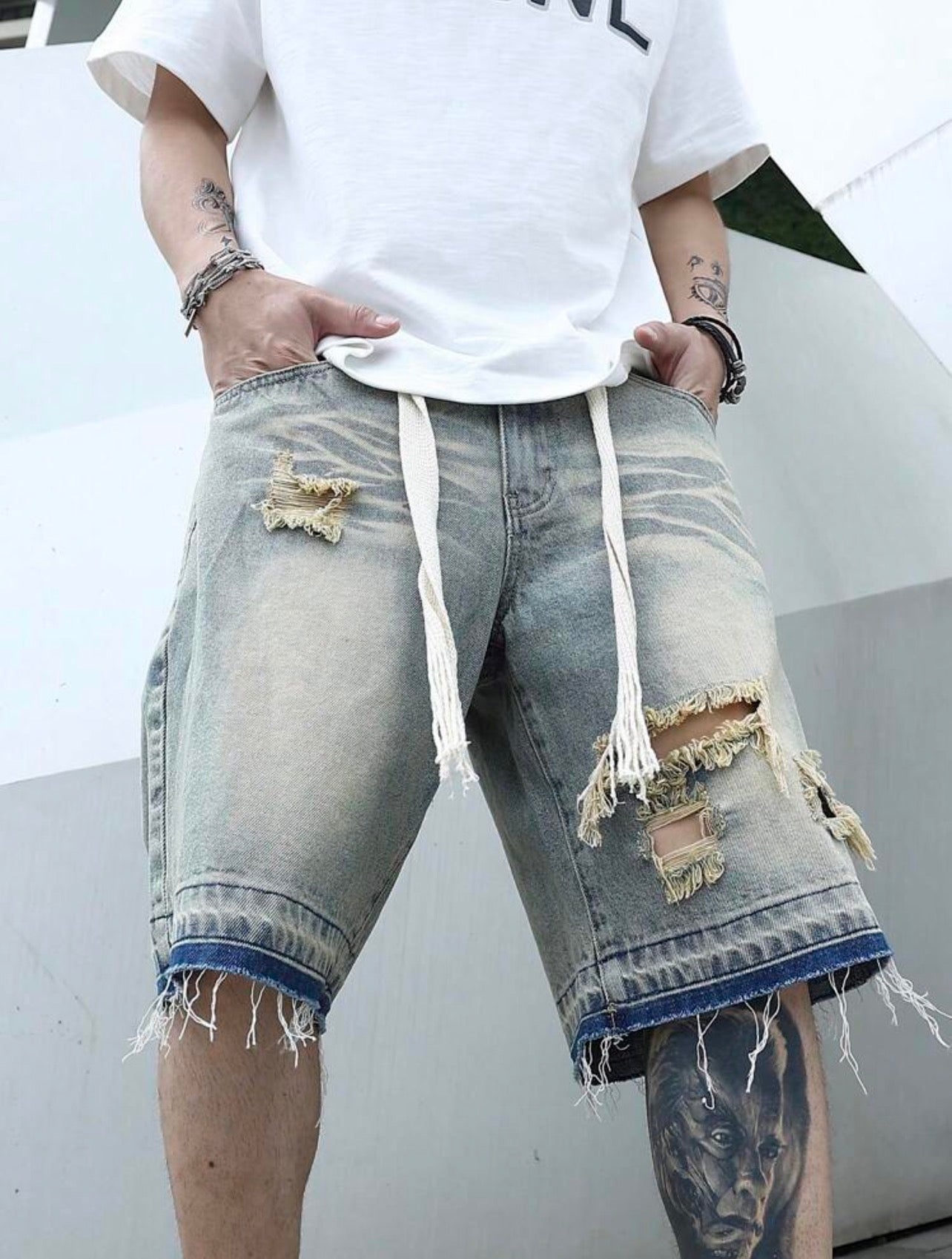 Men’s Ripped Frayed Raw Hem Oversized Denim Shorts – Baggy Distressed Streetwear Jorts