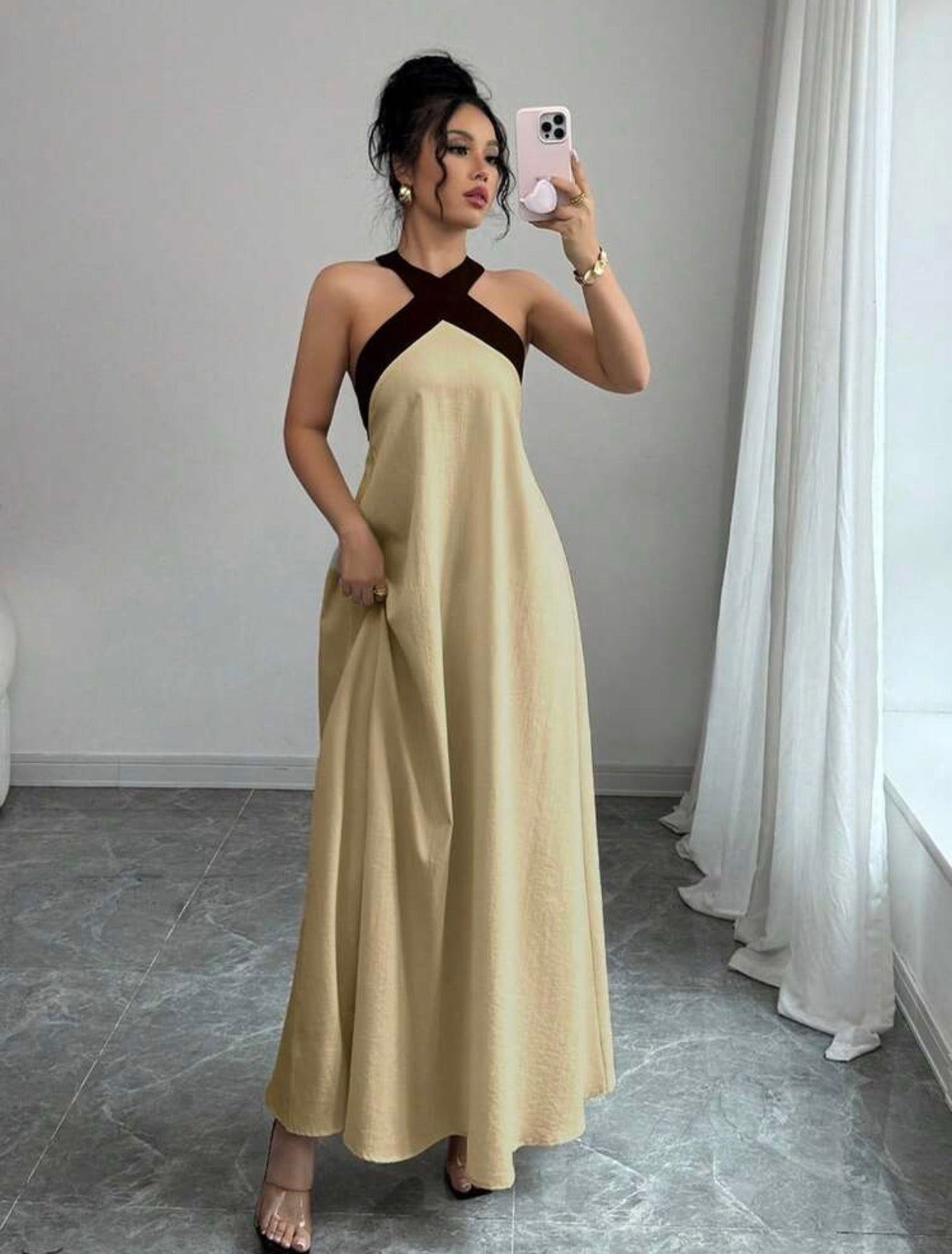 Elegant Color Block Halter Backless Bowknot Strap Sleeveless Maxi Dress – Casual Resort We