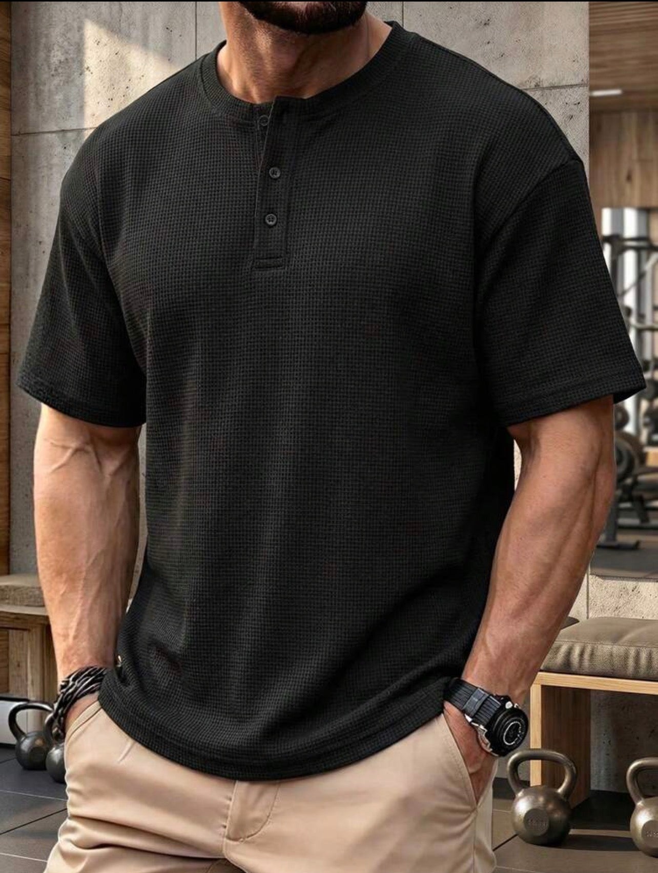 Men’s Waffle Knit Henley Collar Button Casual Polo Shirt – Relaxed Fit Short Sleeve Top