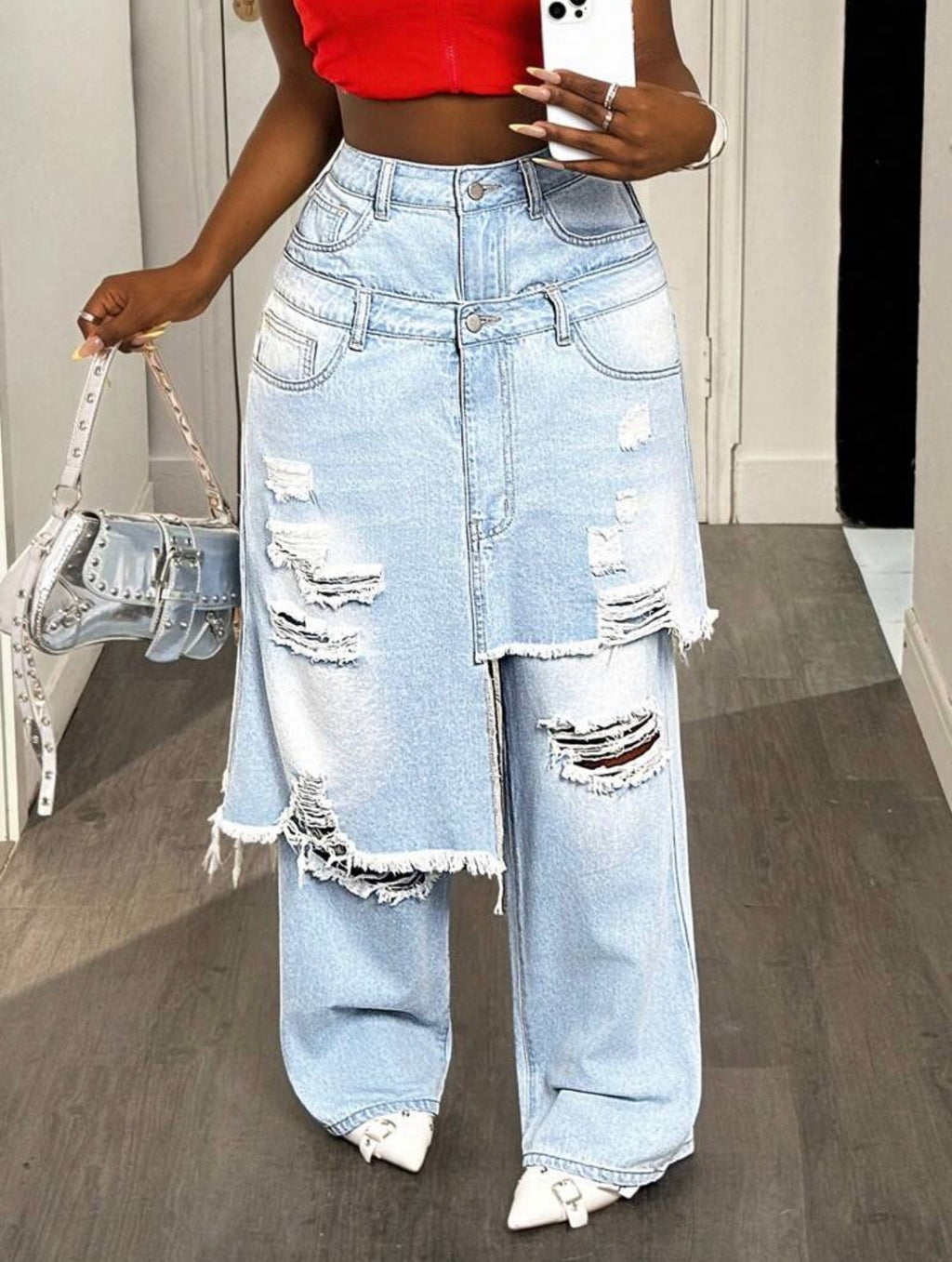 Women’s Loose Fit Ripped Pocket Denim Pants – Casual Long Jeans