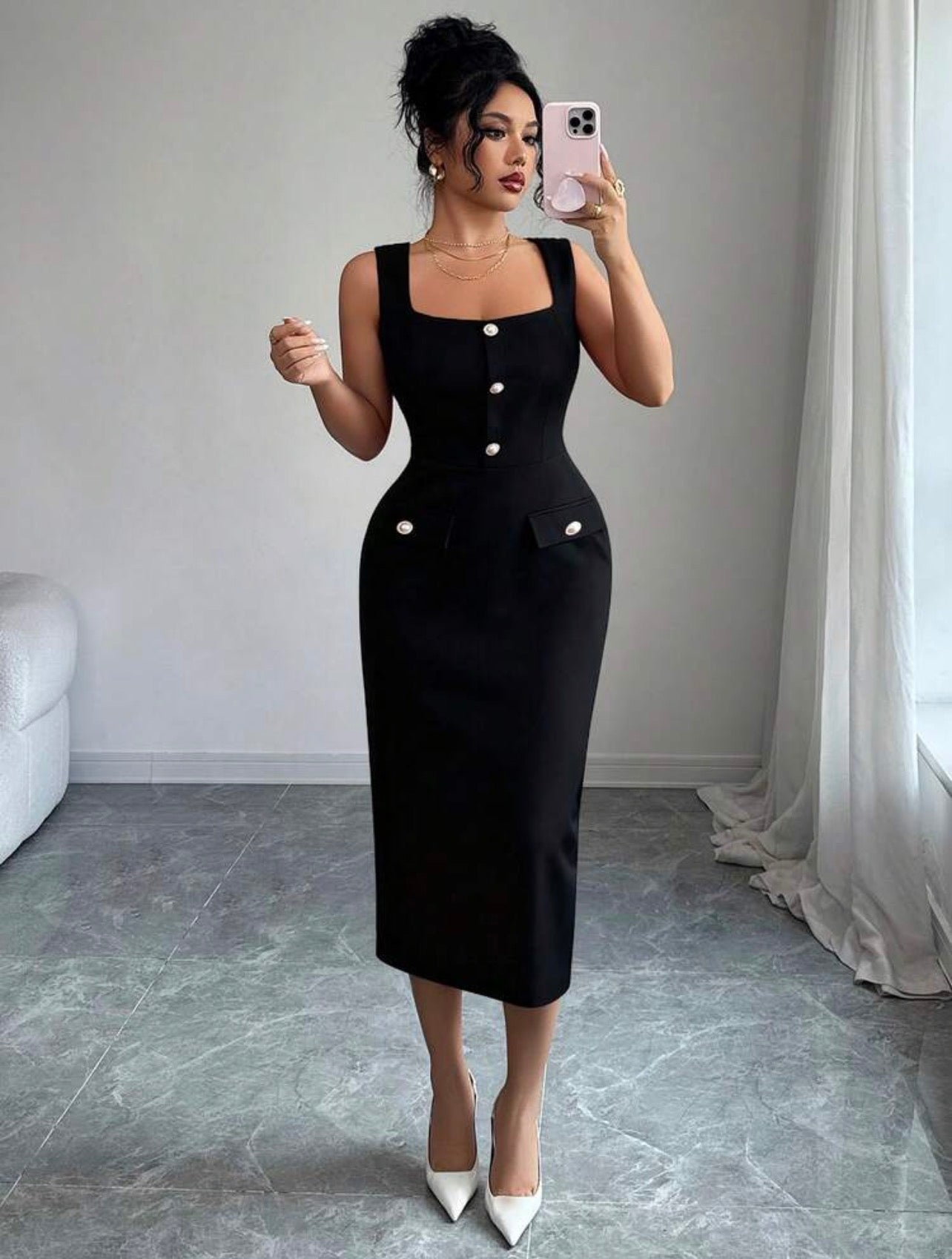 Women’s Elegant Textured Knit Square Neck Sleeveless Pearl Button Dress