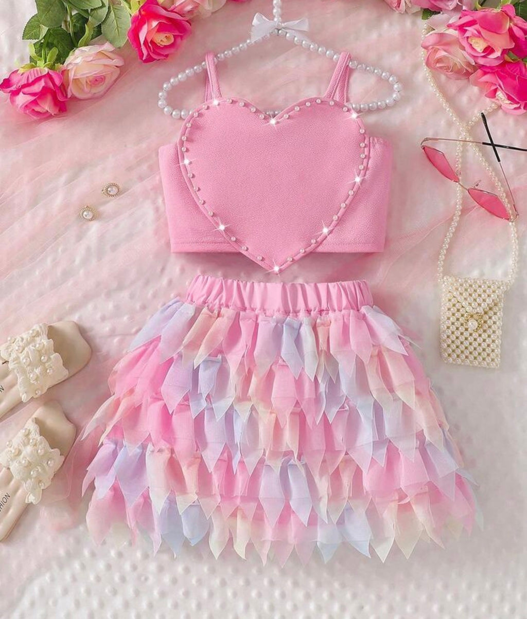 Girls Pearl Heart Strap Top & Colorful Tulle Layered Skirt 2-Piece Fashion Set