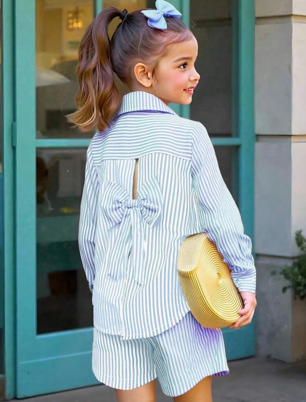 Girls Patchwork Contrast Collar Long Sleeve Shirt & Striped Pants Outfit Set