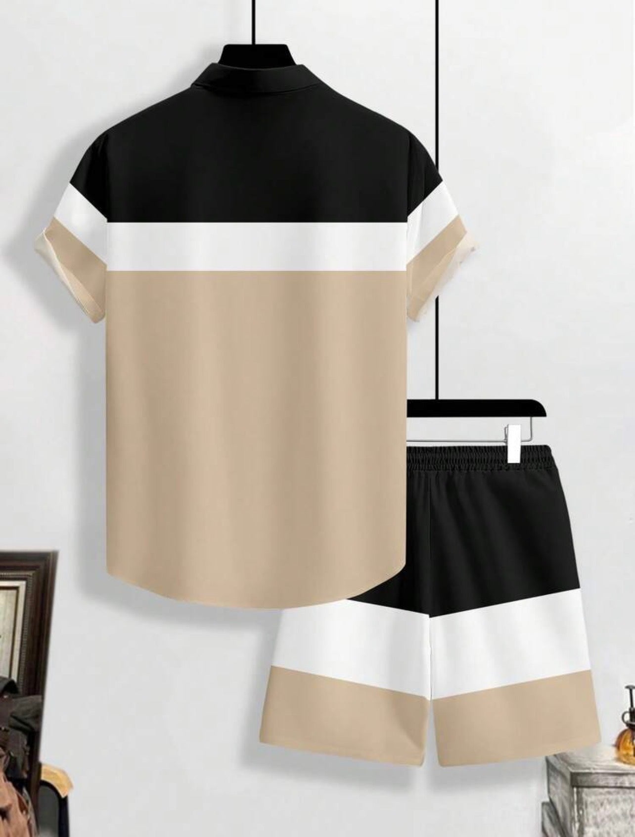 Men’s Contrast Color Button-Up Shirt & Shorts Two-Piece Set – Casual Vacation Outfit