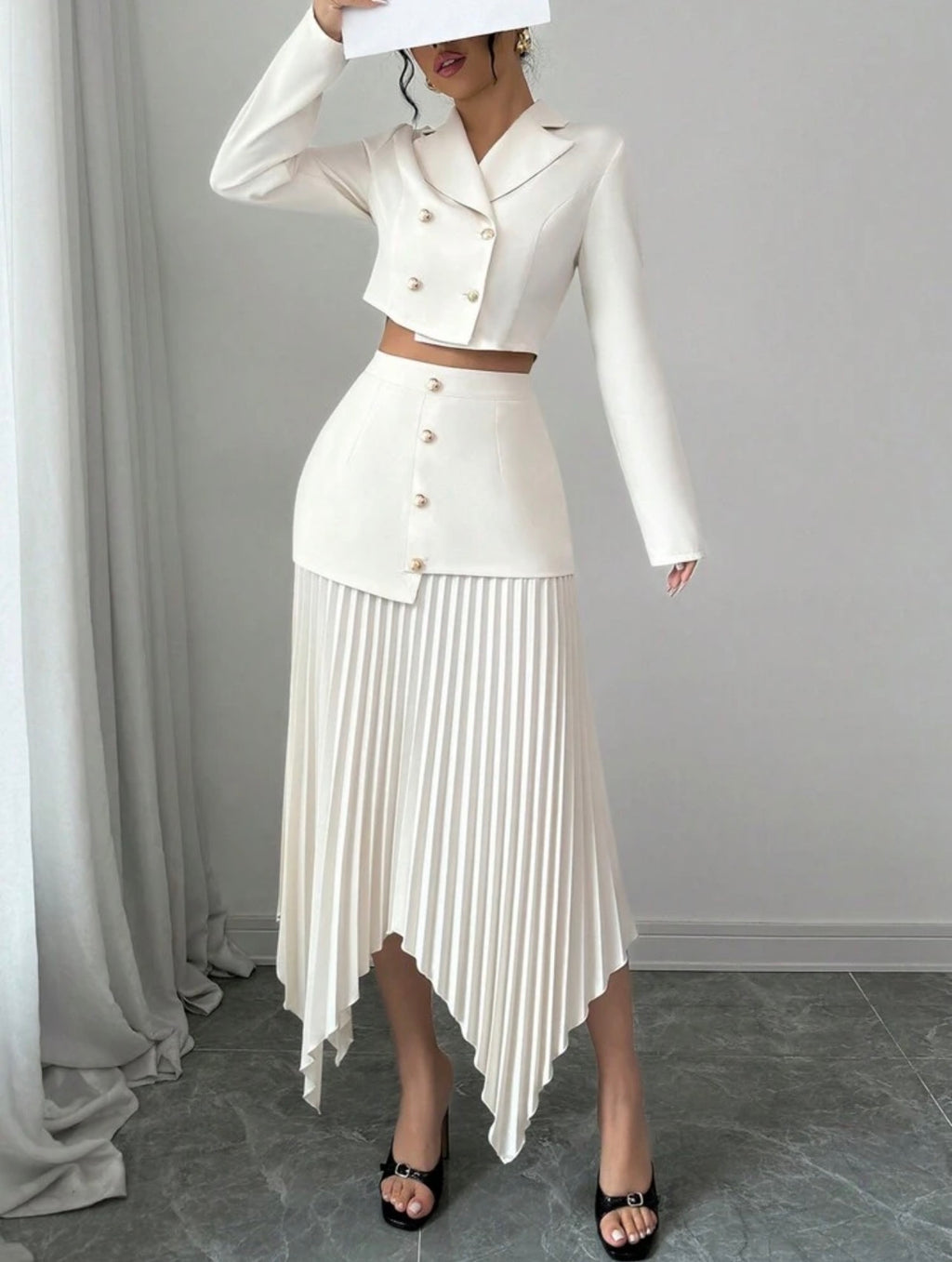 Women’s Blazer Collar Button-Up Gathered Waist Pleated Asymmetrical Two-Piece Elegant Set