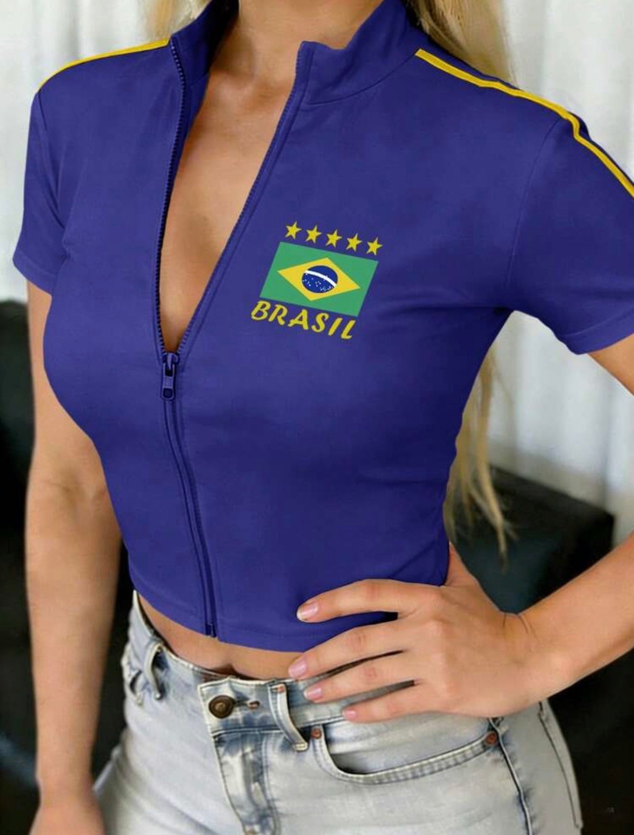 Women’s Zip-Up Fitted Cropped Jersey Top – Short Sleeve Casual Shirt